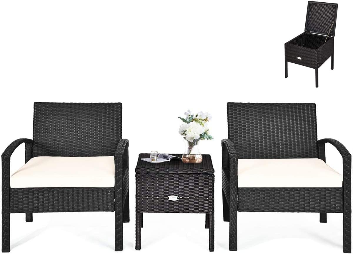 HAPPYGRILL 3 Pieces Patio Furniture Set Rattan Wicker Sofa Set with Removable Cushions and Coffee Table, Outdoor Conversation Bistro Chairs Set with Storage Table for Garden Poolside Balcony