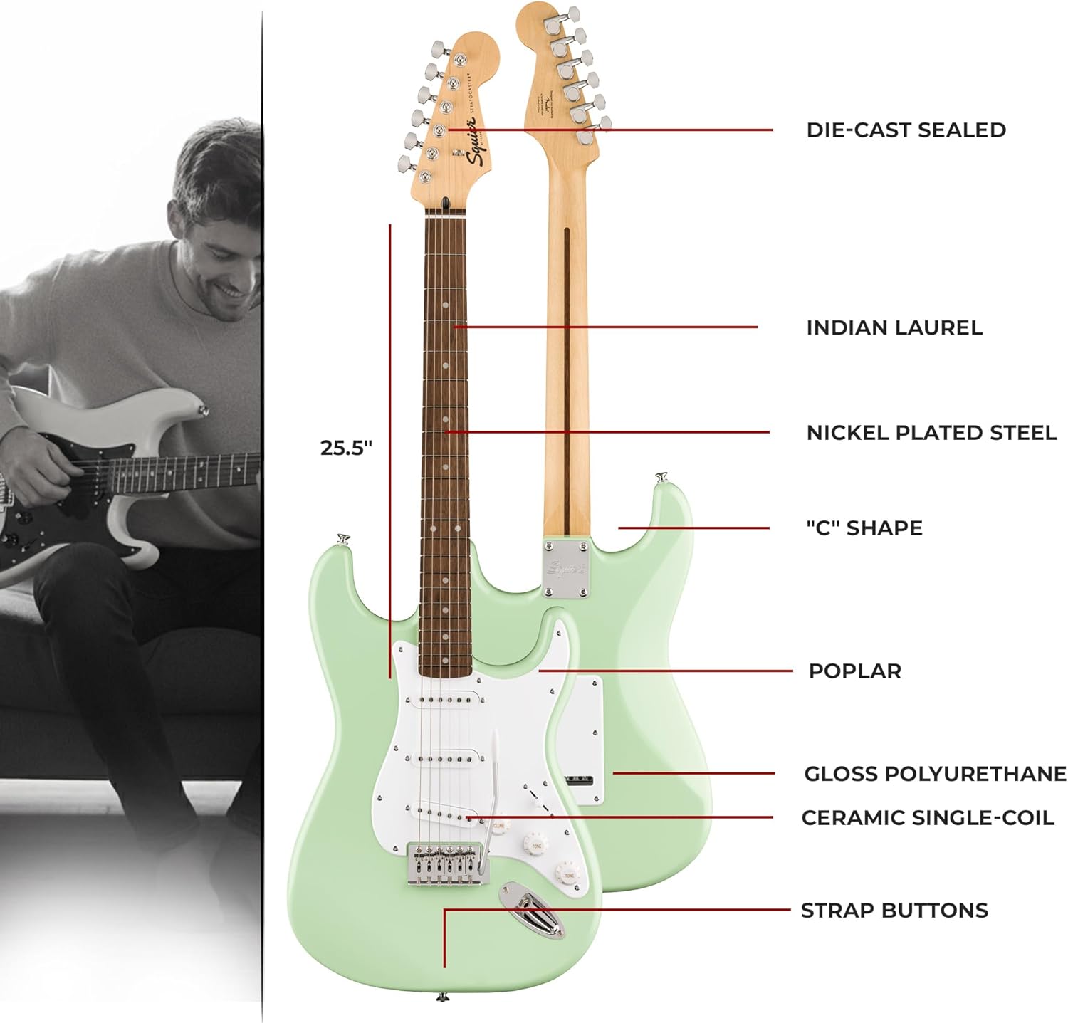 Fender Squier Sonic Stratocaster - Surf Green Bundle with Frontman 10g Amp, Gig Bag, Cable, Strap, Tuner, Picks, and Austin Bazaar Guitar DVD