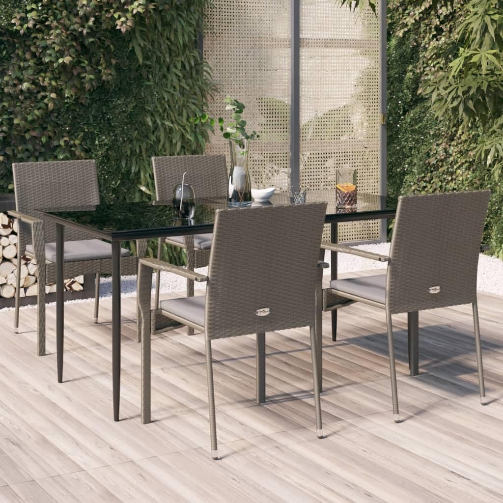 Black Poly Rattan Garden Dining Set, 5-Piece Outdoor Table and Chairs with Tempered Glass Top, Patio Furniture Set for Balcony, Deck, or Garden