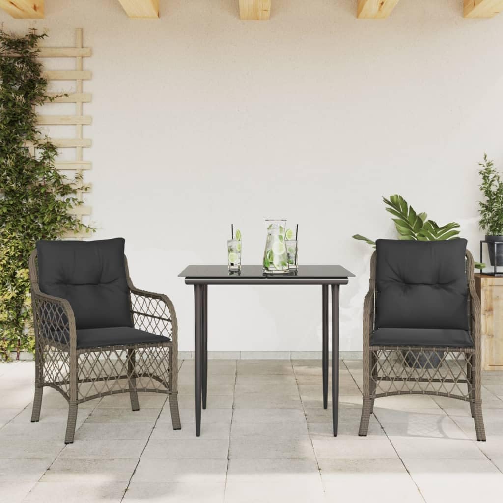 Furniture Sets 3 Piece Bistro Set with Cushions Gray Poly Rattan,Comfortable Patio Bistro Set with Glass Table and Cushioned Chairs for Garden, Backyard, and Balcony Garden Conversation Sets