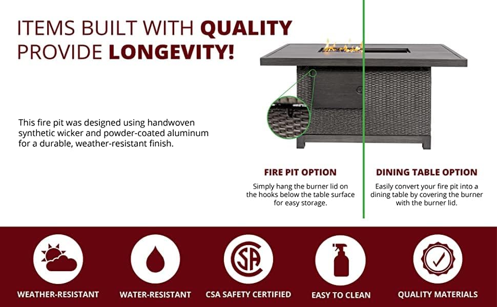 52 inch Outdoor Propane Fire Pit Table 50,000 BTU Patio Firepit Outdoor,Rectangle Fire Table with Lid, Aluminum Tabletop, Rattan Wicker, Auto-Ignition, Wind Guard (Brown)