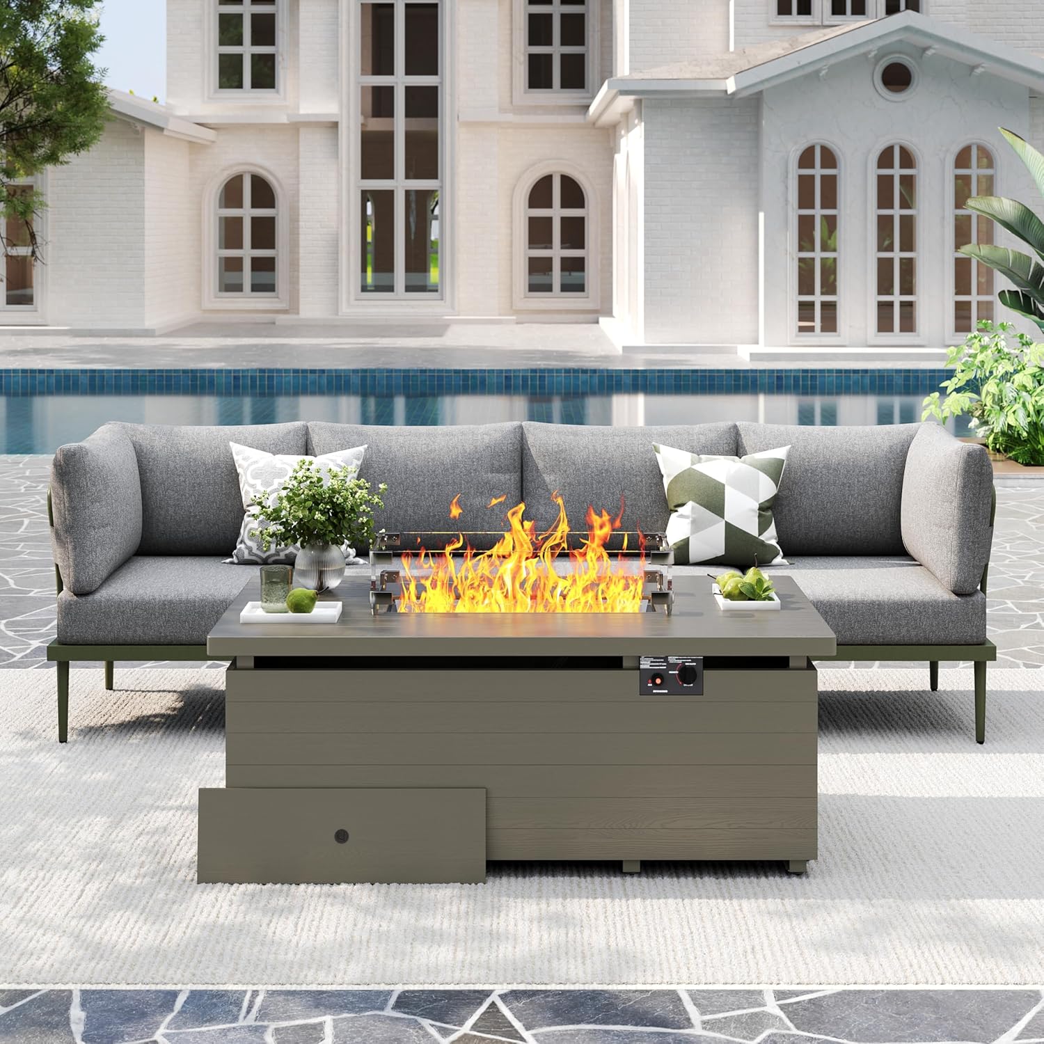 5 Pieces Metal Patio Furniture Set with Champagne Fire Pit Table, Outdoor Sectional Sofa with 6-Inch Olefin Cushion, Outdoor Furniture Set for Balcony, Patio & Courtyard, Green