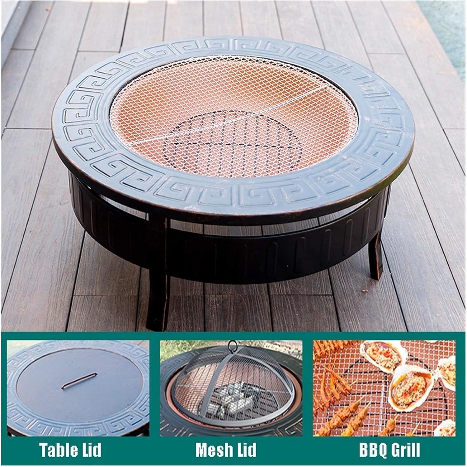 Fire Pits Outdoor Outdoor Wood-Burning Grill, Wrought Iron Garden Decoration, Outdoor Heating, with Mesh Spark Sieve Cover