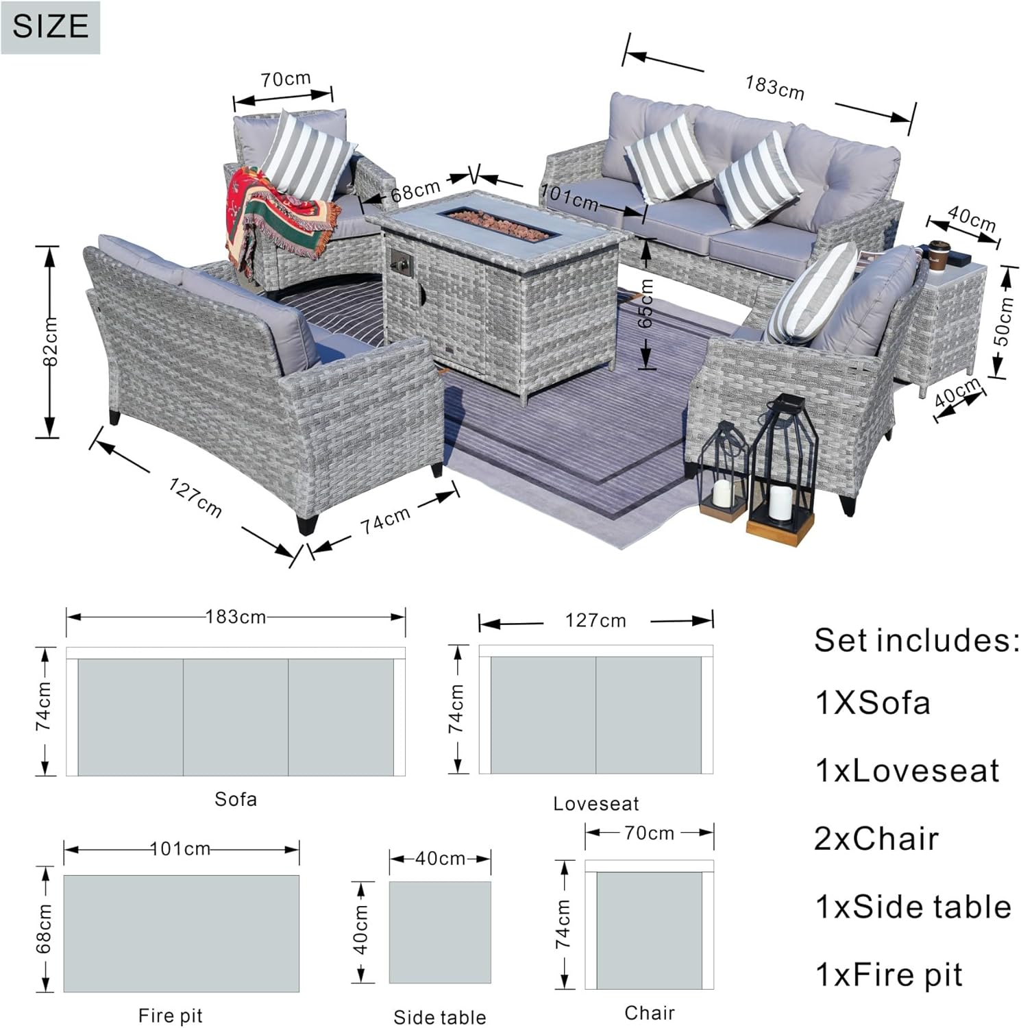 Direct Wicker Aluminum 7-Person Gray Seating Group with Fire Pit and Cushions