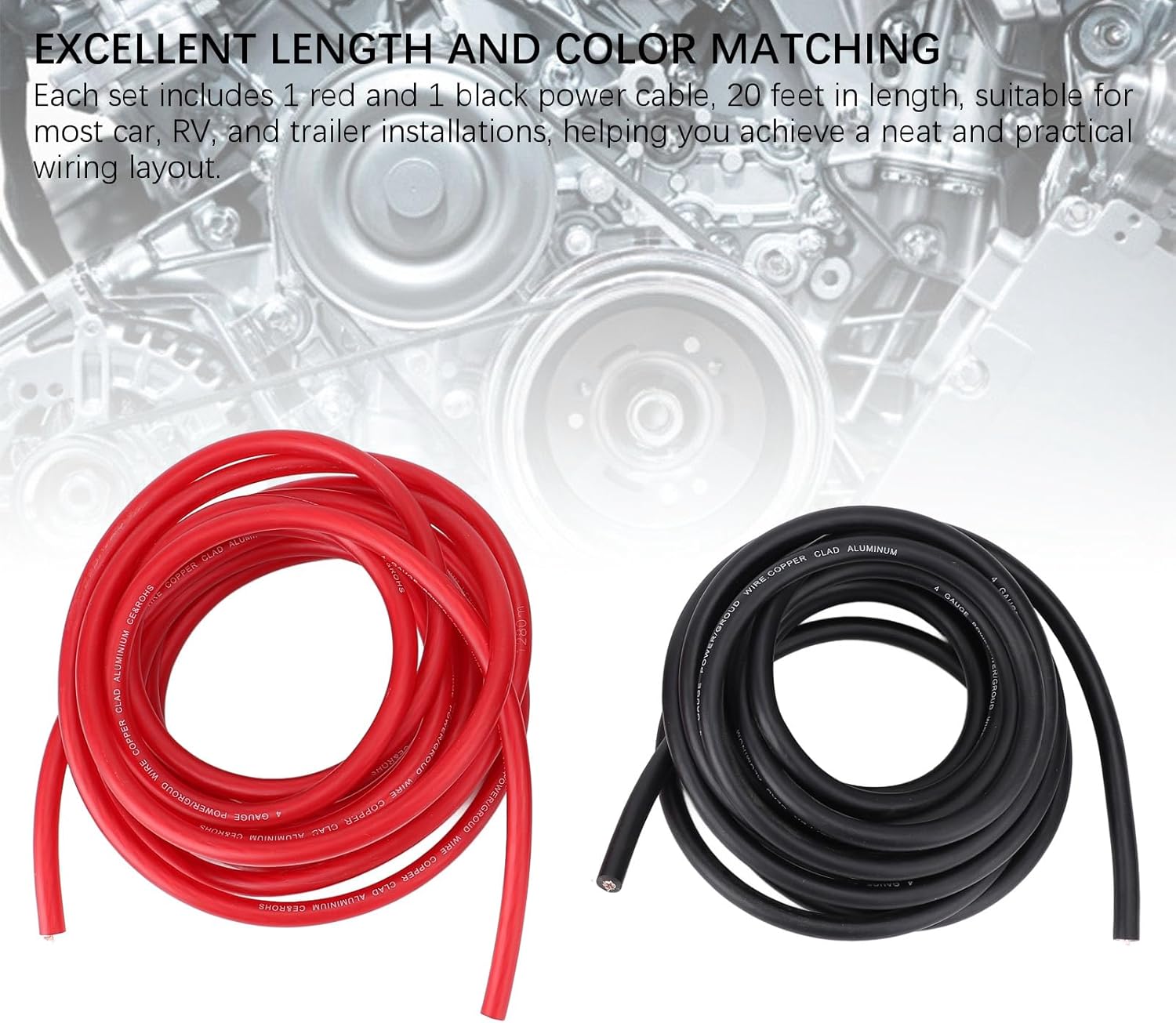 4AWG 20ft Power Cable with Line Tail Heat Shrink Tube Black Red Flexible Power Ground Wire Kit for Car Radio Speaker RV Trailer