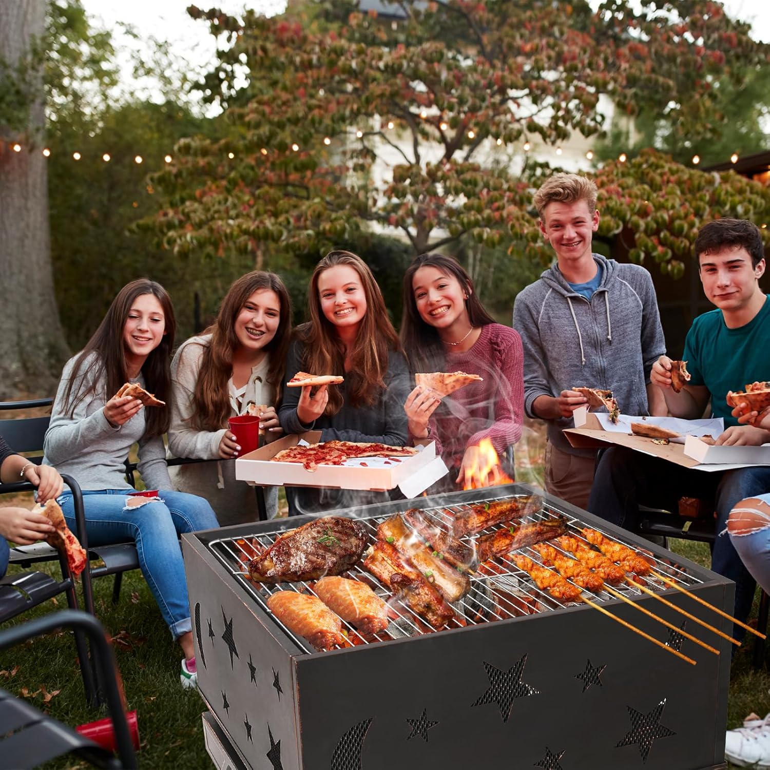 Outdoor Charcoal Grill Wood Burning Firepit for Patio Garden, Backyard, Camping - Large Burning Space Fireplace Accessories with Poker