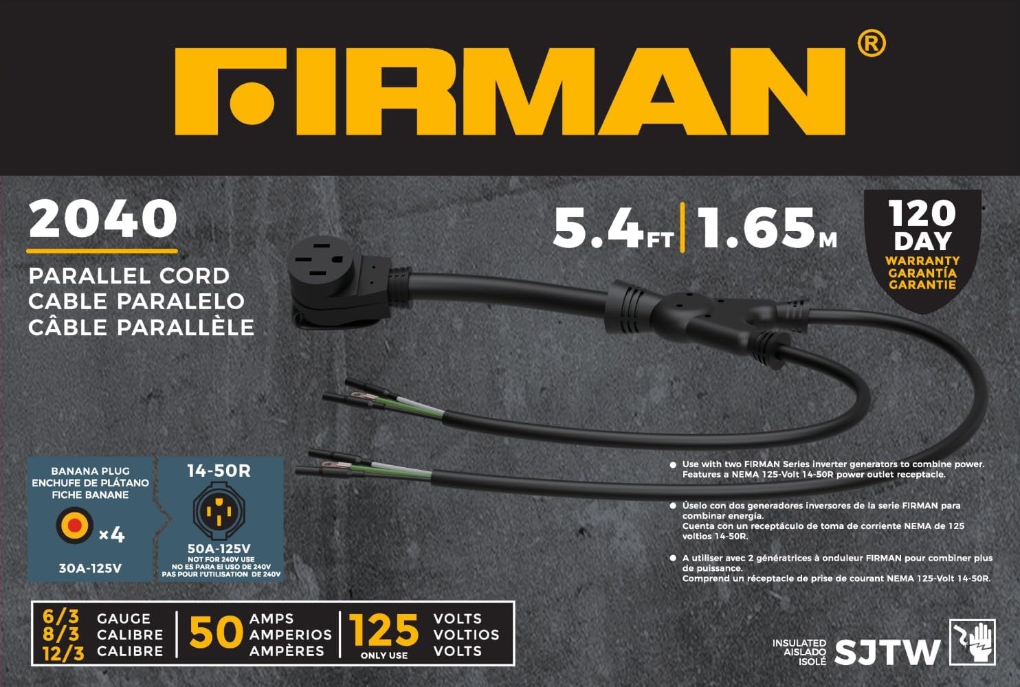 Firman 2040 50A Parallel Power Cord for FIRMAN Whisper Series Inverters – 50 Amp 120V Power Expansion Cable for Dual Inverter Setup, Up to 6000W