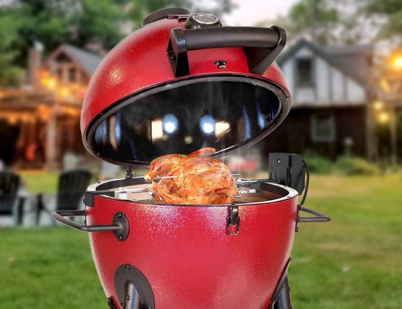 Skyflame Stainless Steel Rotisserie Kit with Heavy Duty Rotisery Motor & Accessories - Compatible with Large BGE | Kamado Joe | Pit Boss & Other Outer Diameter 21.5
