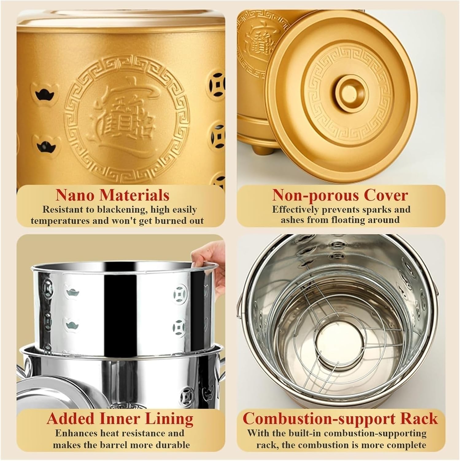 Stainless Steel Burn Barrel for Outdoor Paper Leaf Trash Wood Incinerator, Backyard Bonfire Fire Pit with Lid, Mesh Grill Rack & Poker, Ventilation Holes(Red,Small)