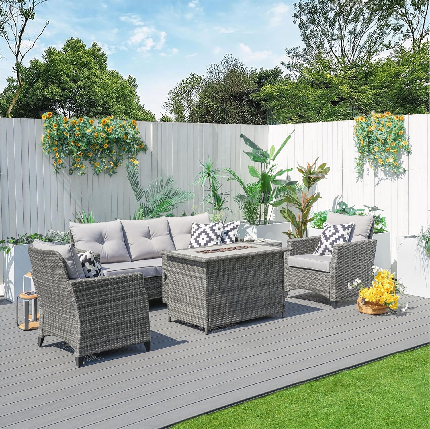 Outdoor Gas Fire Pit Table, Gray Wicker, Aluminum Frame