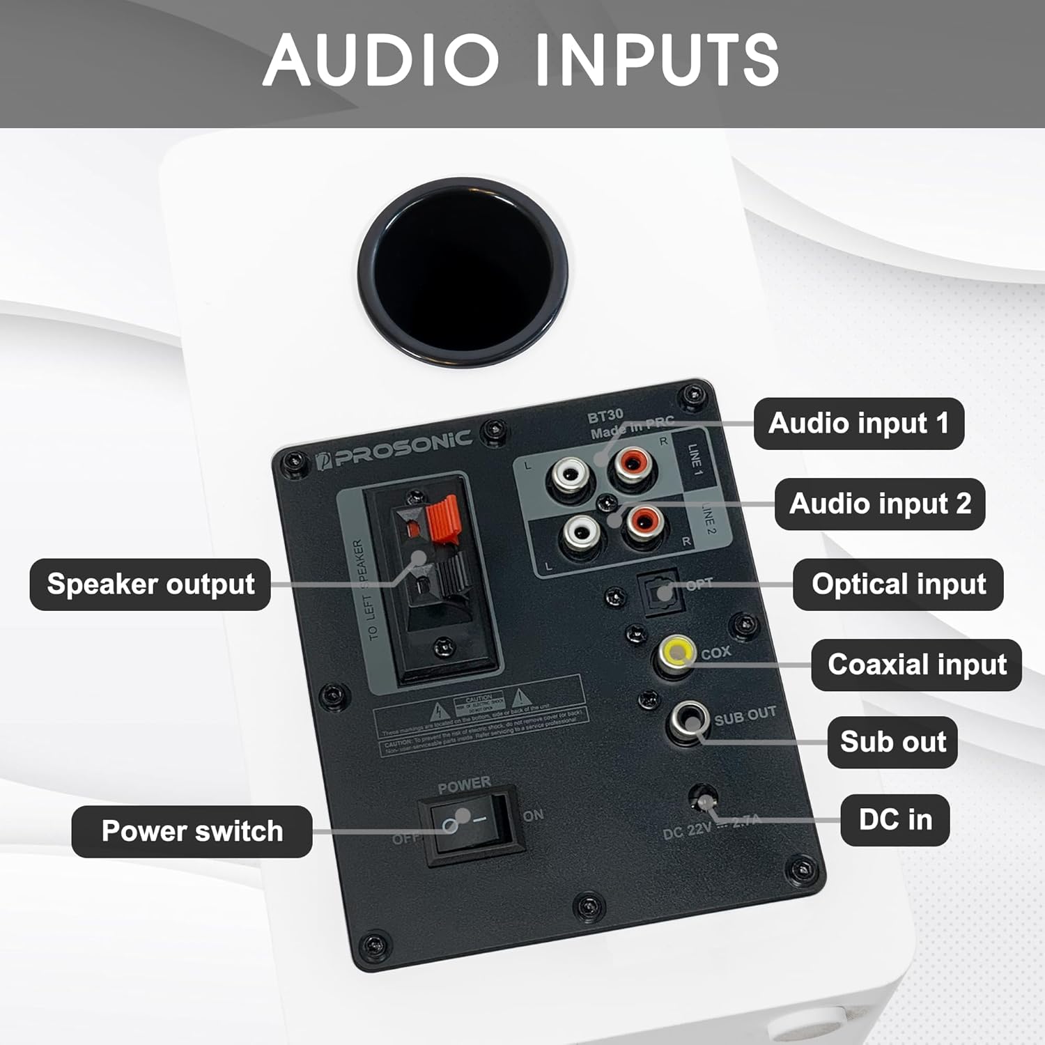 Prosonic BT30 Powered Bluetooth Bookshelf Speakers, Studio Monitor, Home Theater, Turntable, with Optical Input, Coaxial Input, Aux Inputs, 4