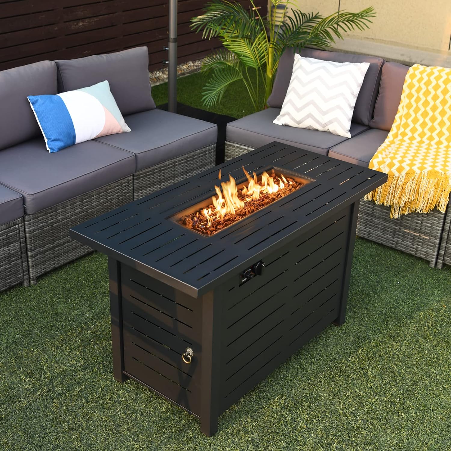Tangkula Outdoor 60,000 BTU Fire Pit Table, Patiojoy 42 Inch Rectangular Propane Gas Fire Table with Solid Steel Frame, Electric Ignition, Includes Lava Rocks & Protective Cover for Poolside, Backyard
