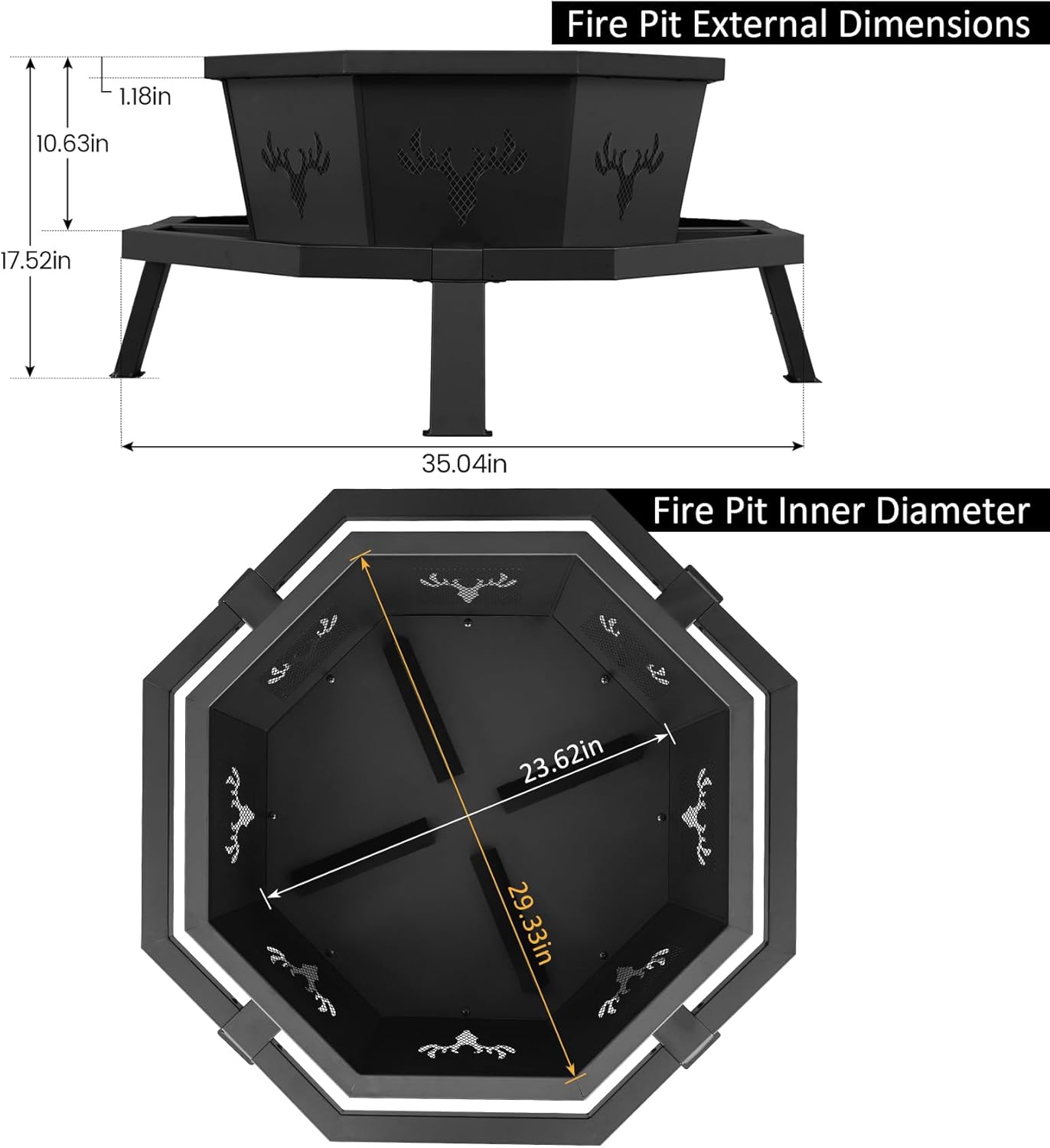BOINN 35 Inch Octagonal Outdoor Fire Pit,Fire Pits for Outside Wood Burning Fire Pit,Firepit,Firepits for Outside,Camping,Backyard,Patio,Bonfire,Garden,Porch,Black