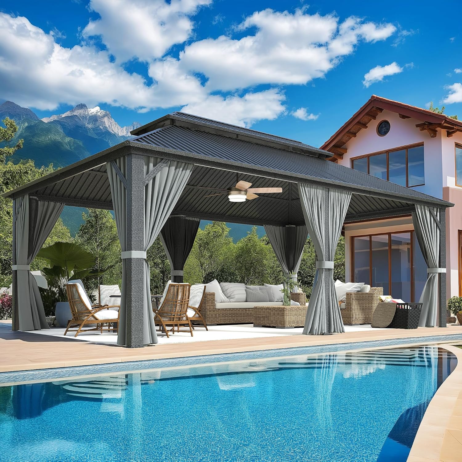 12x20 FT Gazebo Hardtop Gazebo, Aluminum Pergola with Double Galvanized Steel Roof, Curtains and Netting Included, Outdoor Gazebos Canopy for Patio, Backyard, Deck, Lawn,Grey