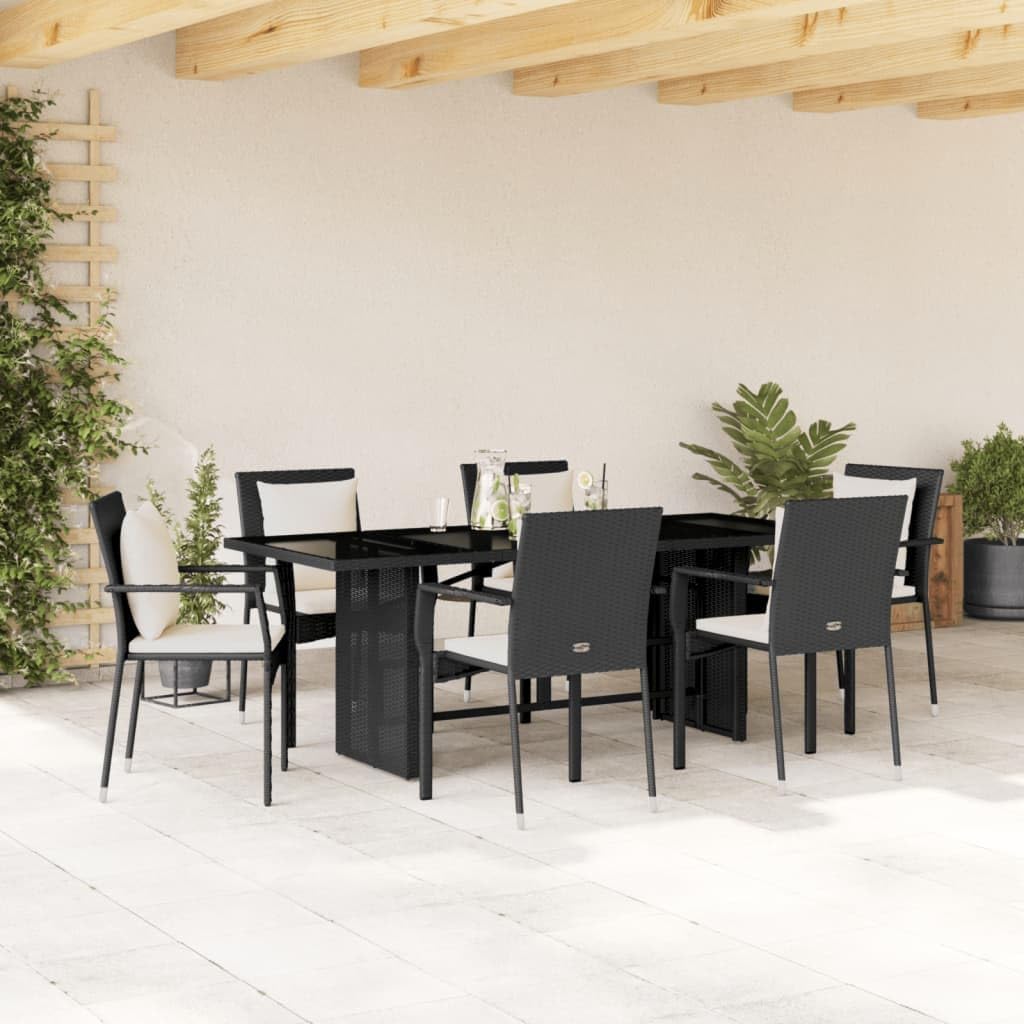 7 Piece Patio Dining Set with Cushions Black Poly Rattan,Elegant Rattan Dining Set with Glass Top for Outdoor Relaxation and Entertaining Furniture Sets for Patio, Lawn & Garden