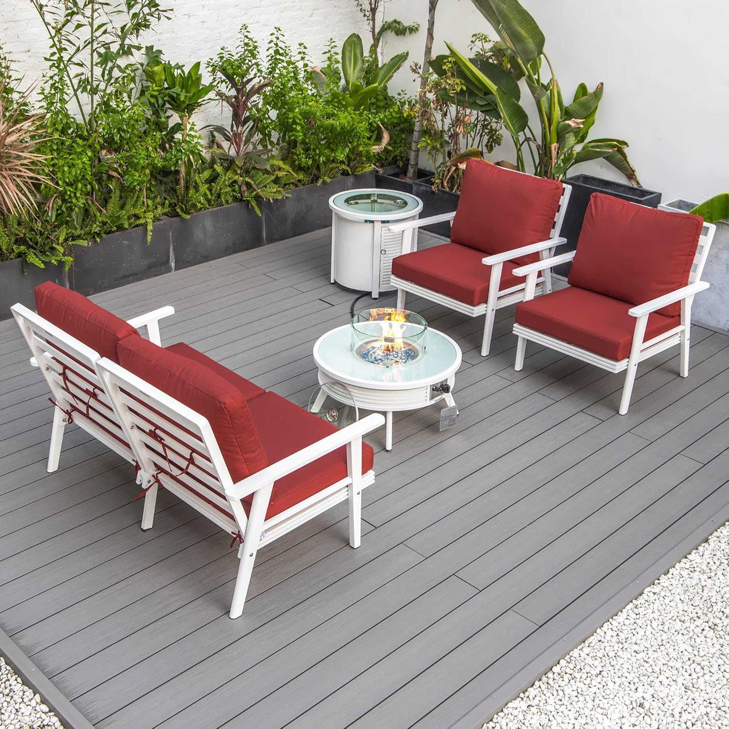 LeisureMod Walbrooke Modern Aluminum 5-Piece Patio Conversation Set with Outdoor Round Fire Pit Slats Design & Side Table Tank Holder, Red