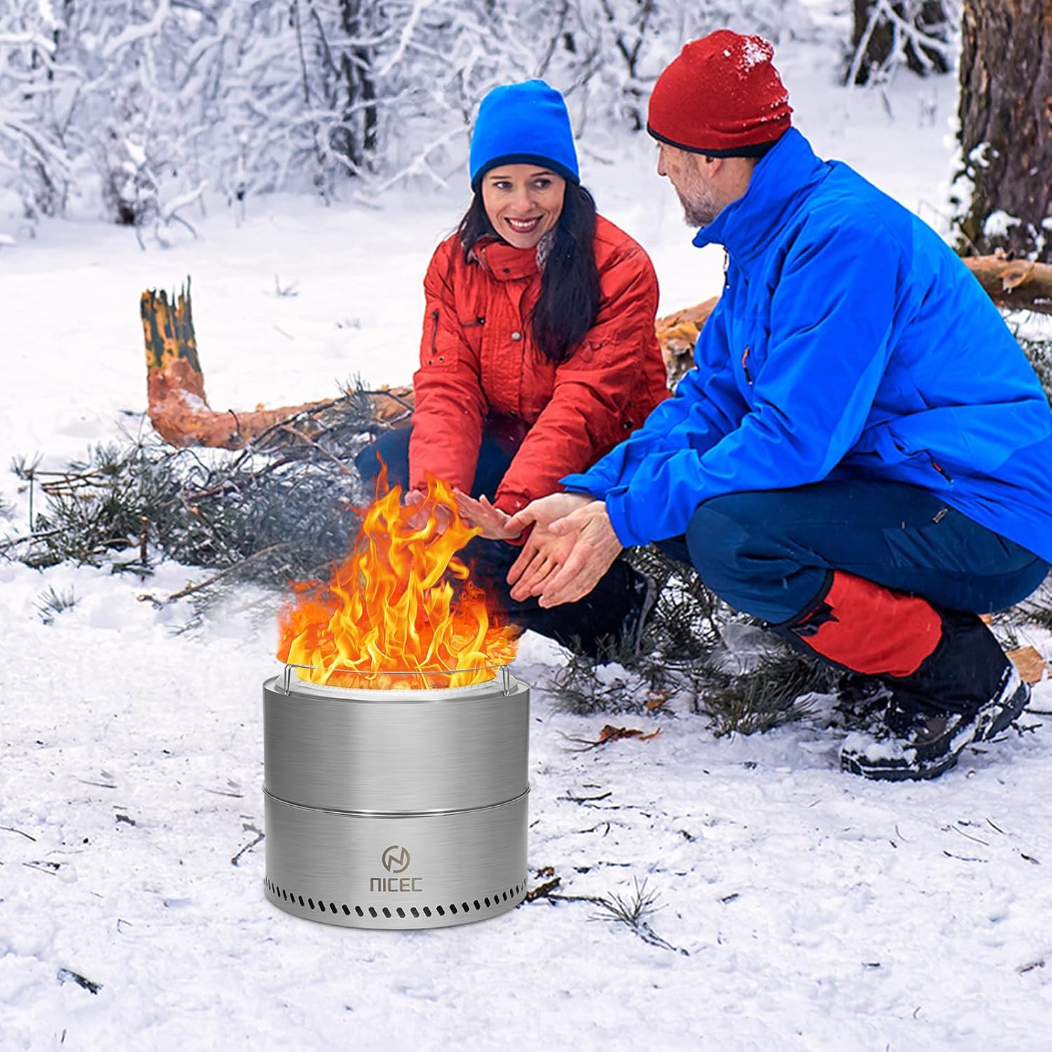 Nice C Fire Pits, 19.1 Inch Smokeless Fire Pits, Portable Fire Pit, Outdoor Fire Pit, Tabletop Fire Pit, Wood Buring Fireplaces, Stainless Steel, with Grill Grate, Removable Ash Tray & Carry Bag