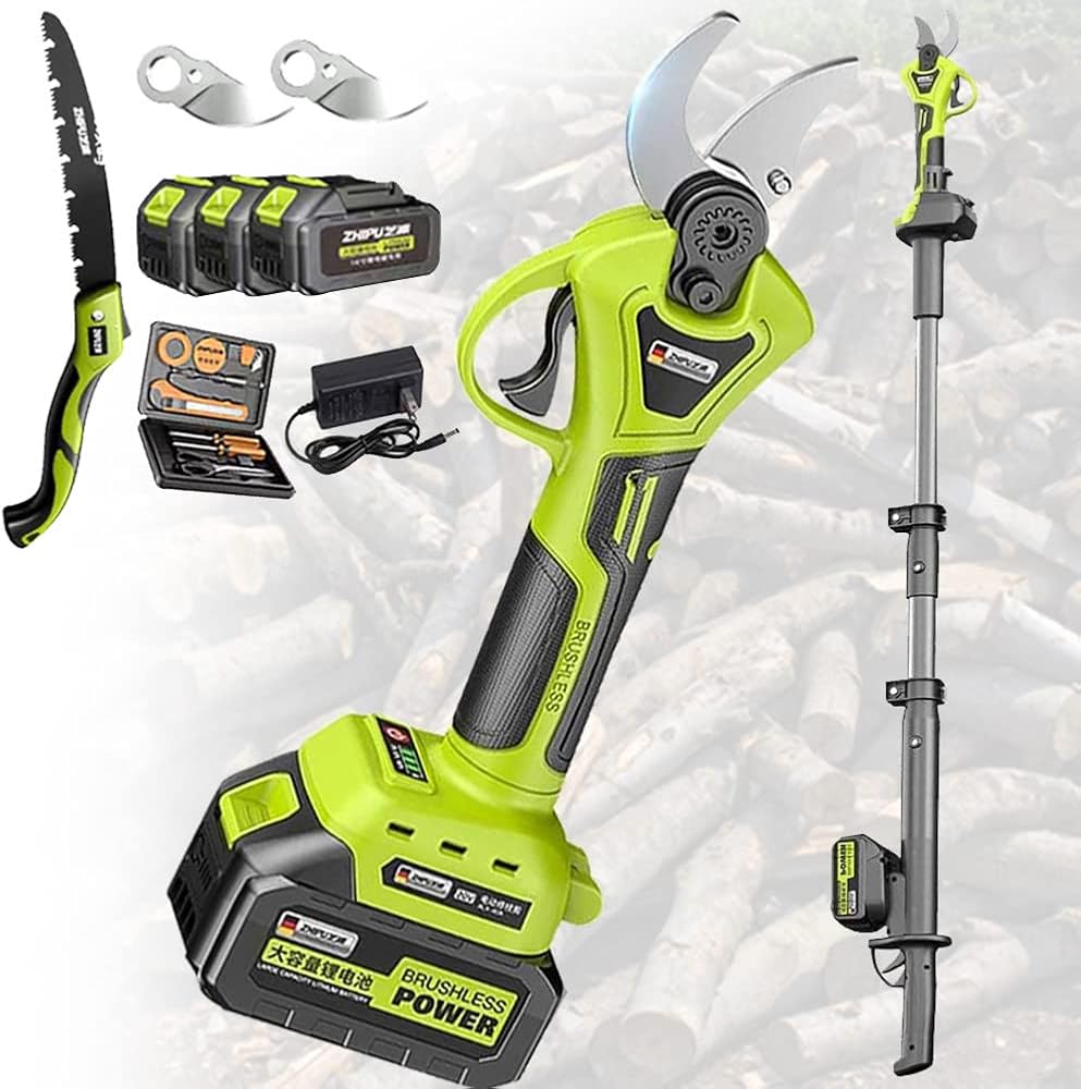 Extendable Tree Pruning Pruner Cordless Electric Pruning Shears,40/50mm Cut Diameter Electric Pruner Battery Powered,with Extension Pole,50mm-Battery*2, Battery*3