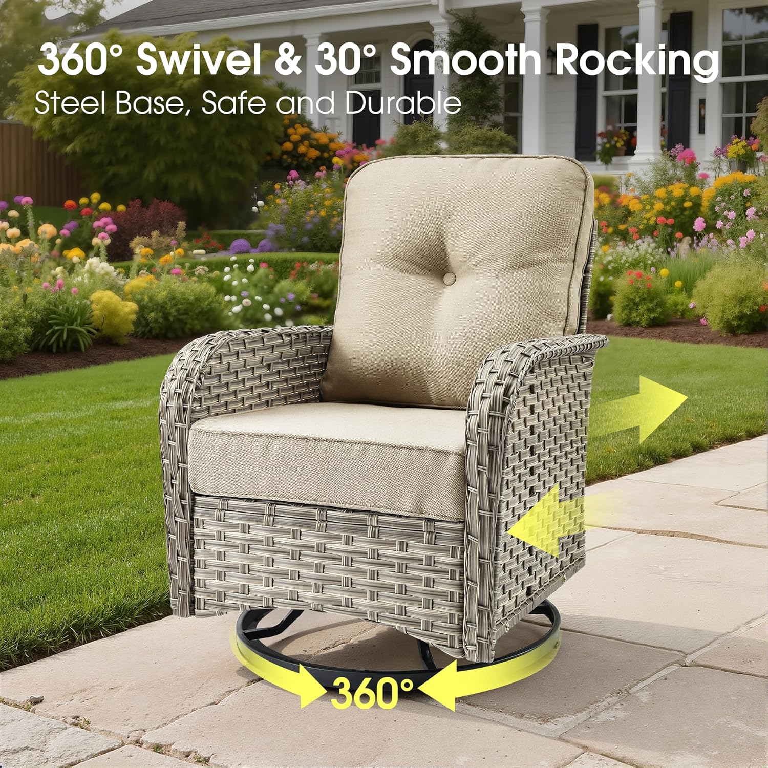 Rattan Patio Furniture Set with Fire Pit Table,9 Pieces Outdoor Sectional with Swivel Chairs Ottoman,Out Door Furniture Conversation Set,Beige