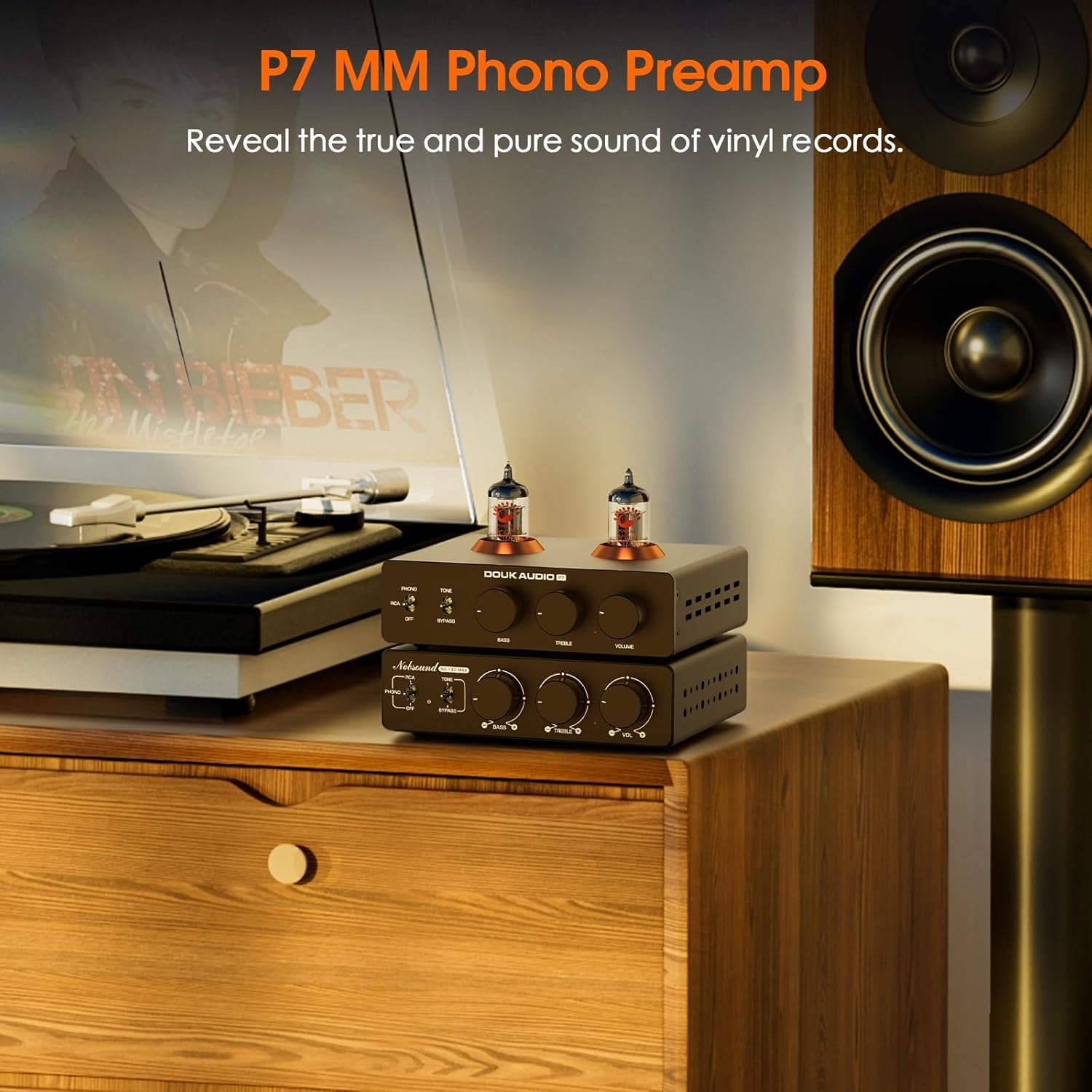 Douk Audio P7 Phono Preamp: Vacuum Tube Turntable Preamplifier with Balanced XLR Output, High-Pass Filter, Bass & Treble Control, Bypass for MM Record Player, Amplifier, Speaker