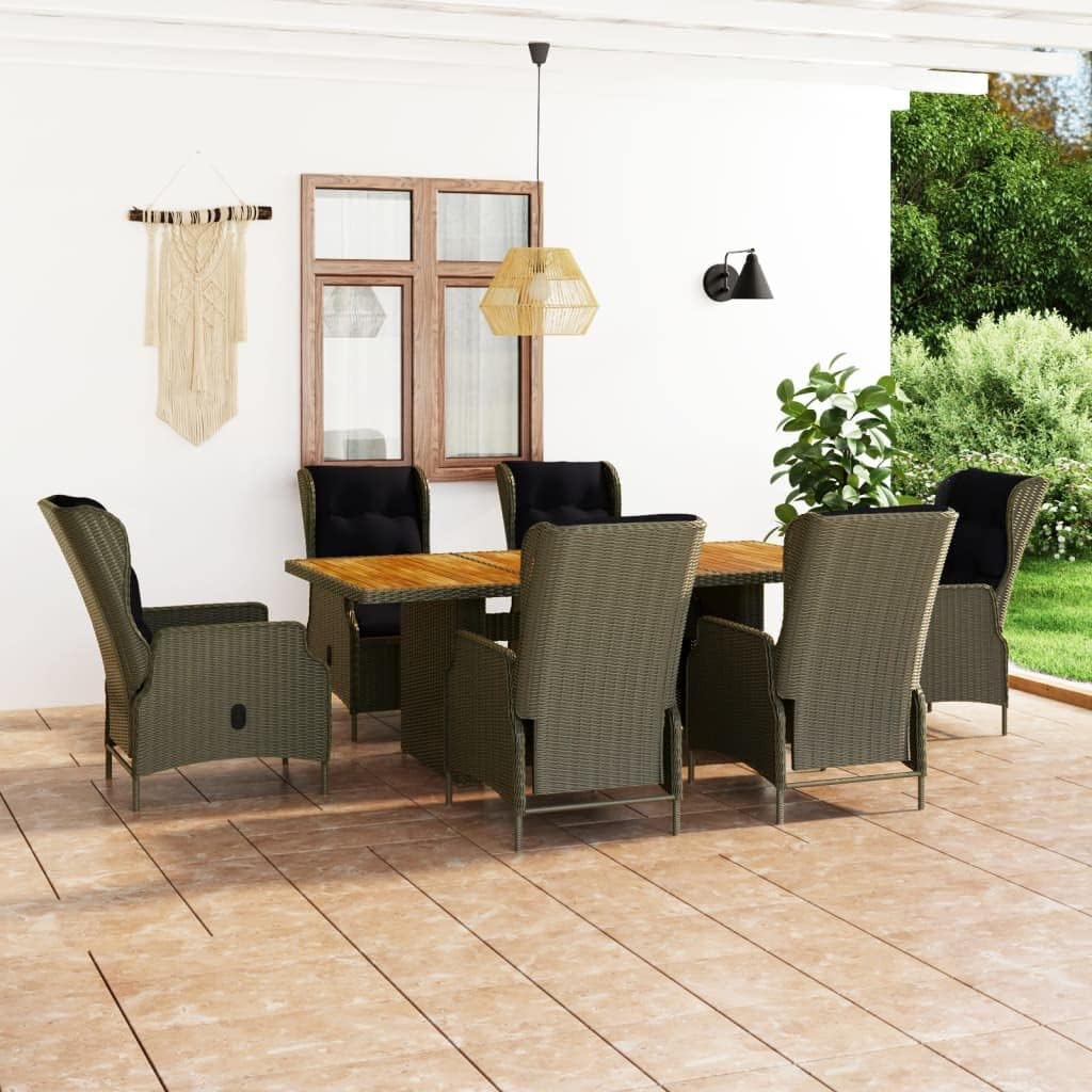 7 Piece Patio Dining Set with Cushions Poly Rattan Brown,Rattan Dining Set with Adjustable Backrest and Tabletop for Patio and Garden Patio Furniture Sets, Outdoor Furniture Sets
