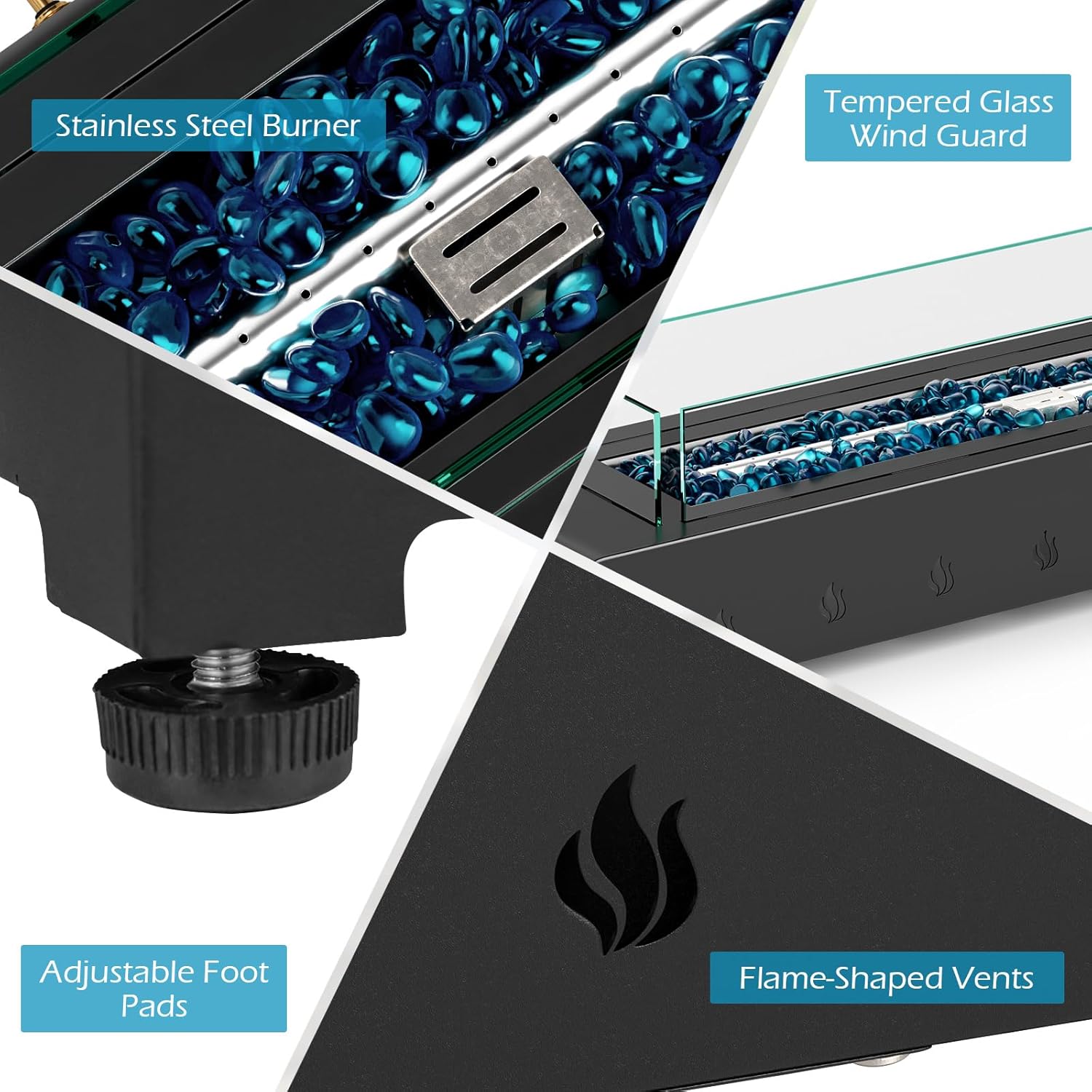 Happygrill 30 Inch Tabletop Propane Fire Pit, 40,000 BTU Table Top Firepit Fire Bowl with Wind Guard, Glass Rocks, Stainless Steel Burner & Cover, Outdoor Portable Fireplace for Patio, Camping