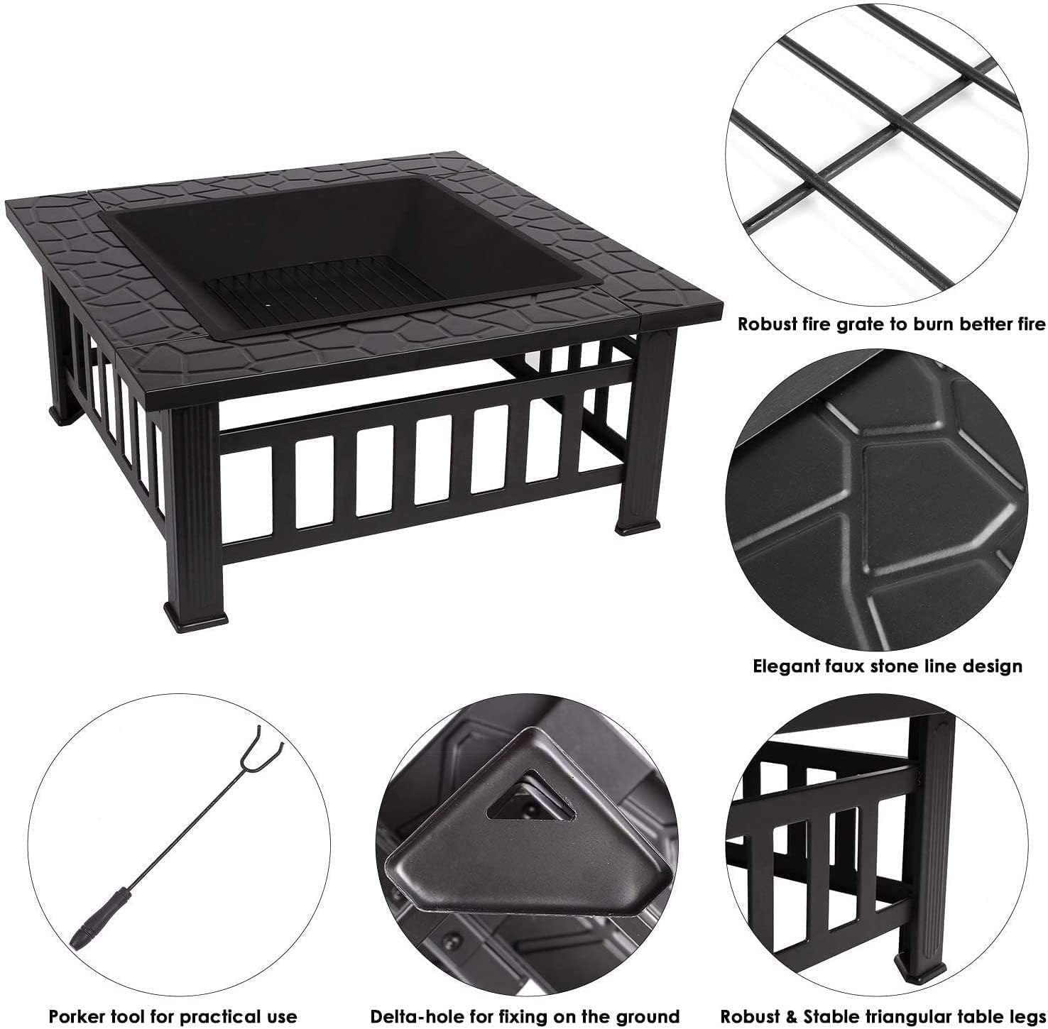 Fire Pit, Outdoor Brazier, Metal Square Patio Firepit Table BBQ Garden Stove with Spark Screen Cover Log Grate and Poker, Suitable for Outside Wood Burning and Drink Cooling