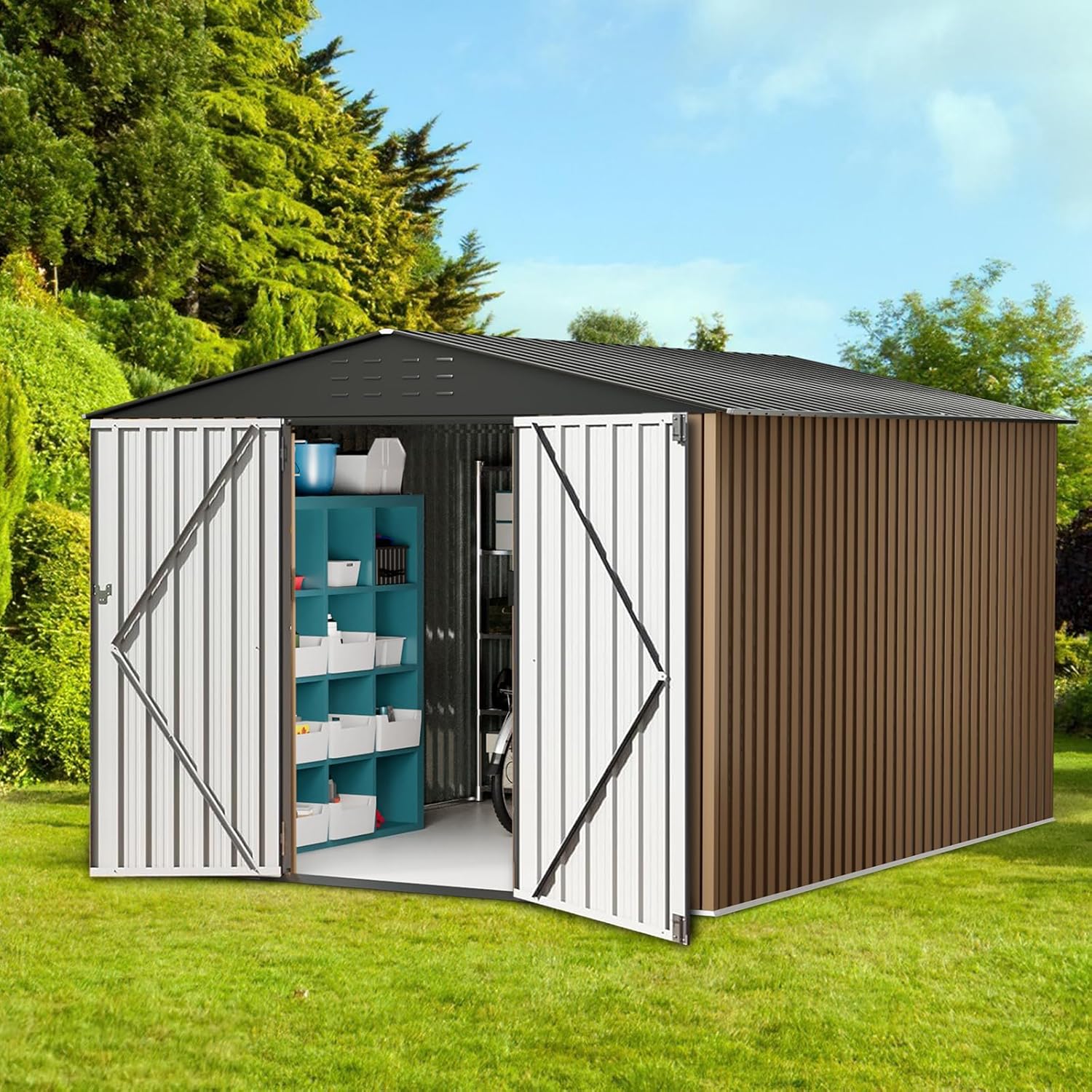 Large Outdoor Storage shed, 10 * 10ft Metal Garden Shed with Ventilation Opening, Lockable, Suitable for Storing Tools, Furniture, in Yard and Farm, with Larger Storage Area, Brown