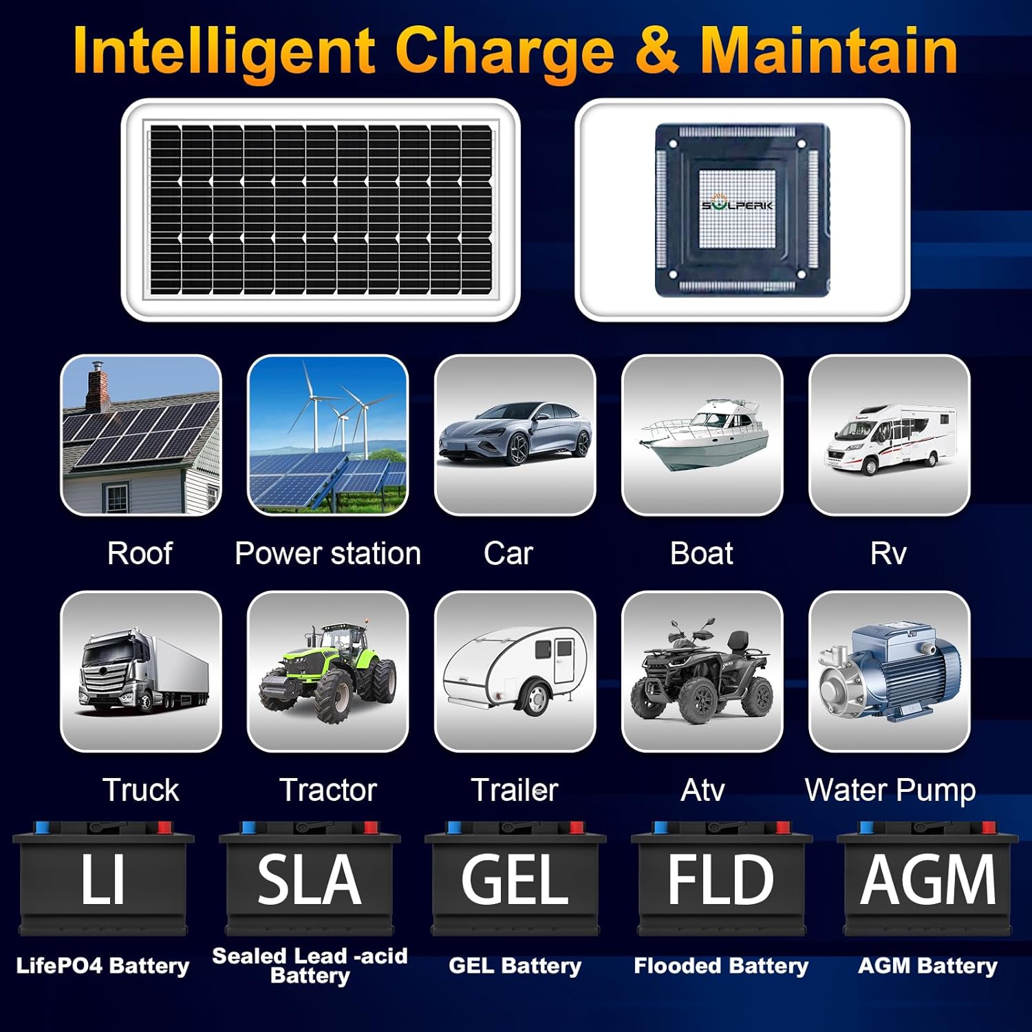 SOLPERK 100W Solar Battery Charger Solar Battery Maintainer + Smart 10A MPPT Charge Controlle, Solar Panel Kit for Car RV Boat Motorcycle，12V Waterproof Solar Panel Charger Trickle Charging