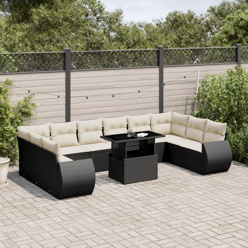 11-Piece Garden Sofa Set, Black Poly Rattan, Cream White Cushions, Modular Outdoor Patio Furniture for Dining & Relaxing, Weatherproof Steel Frame