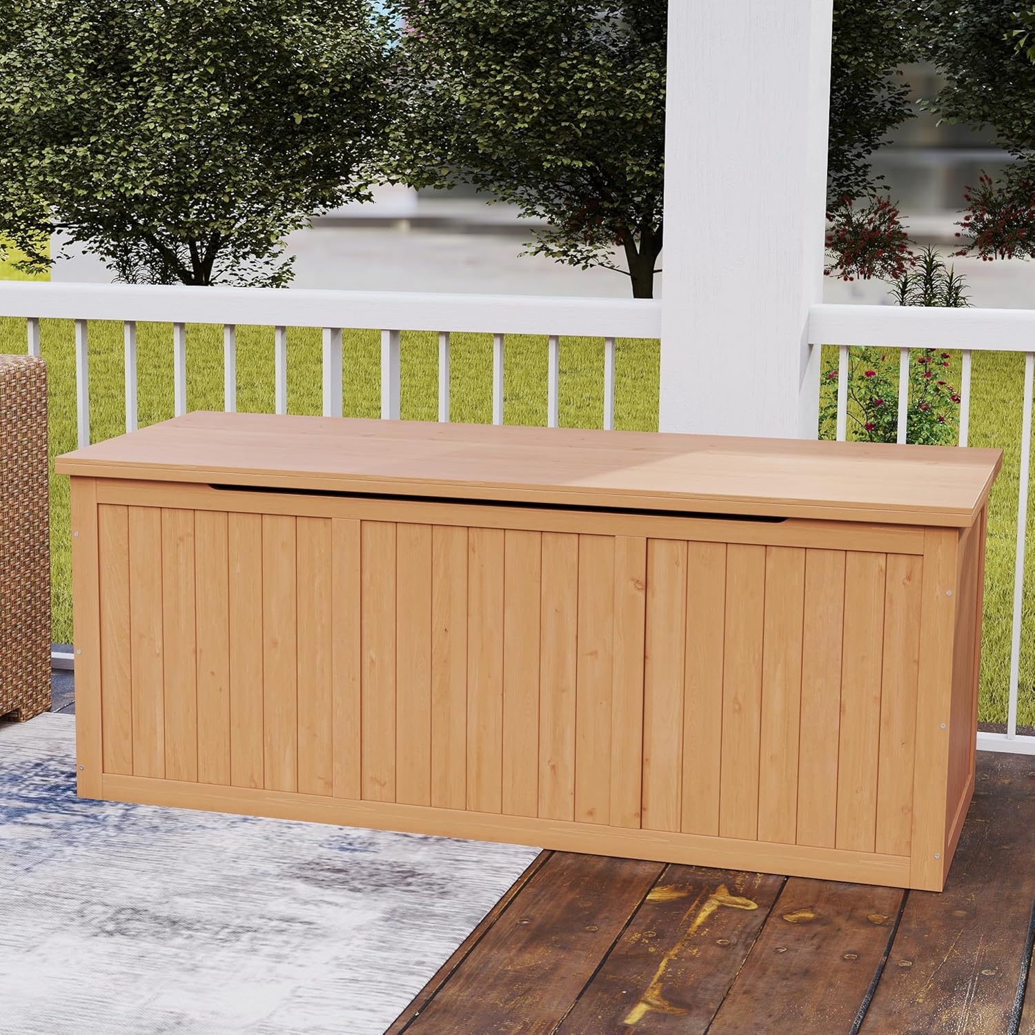 112 Gallon Outdoor Wooden Deck Box Solid Wood Storage Box Seat & Table, 60 x 22.25 x 22.75 inches,Pool Toys & Garden Tools for Patio Furniture Cushions, Natural