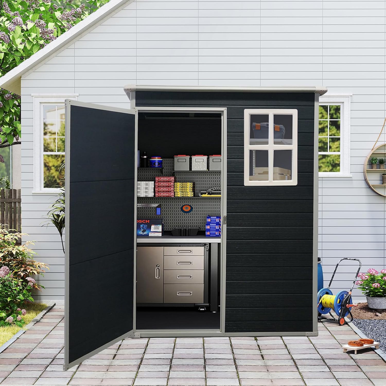 Storage Shed 5x3 ft Outdoor Storage Shed with Floor, Resin Shed with Window, Lockable Door Plastic Tool Sheds, Waterproof Shed for Garden, Patio, Backyard, Yard, Lawn, Black