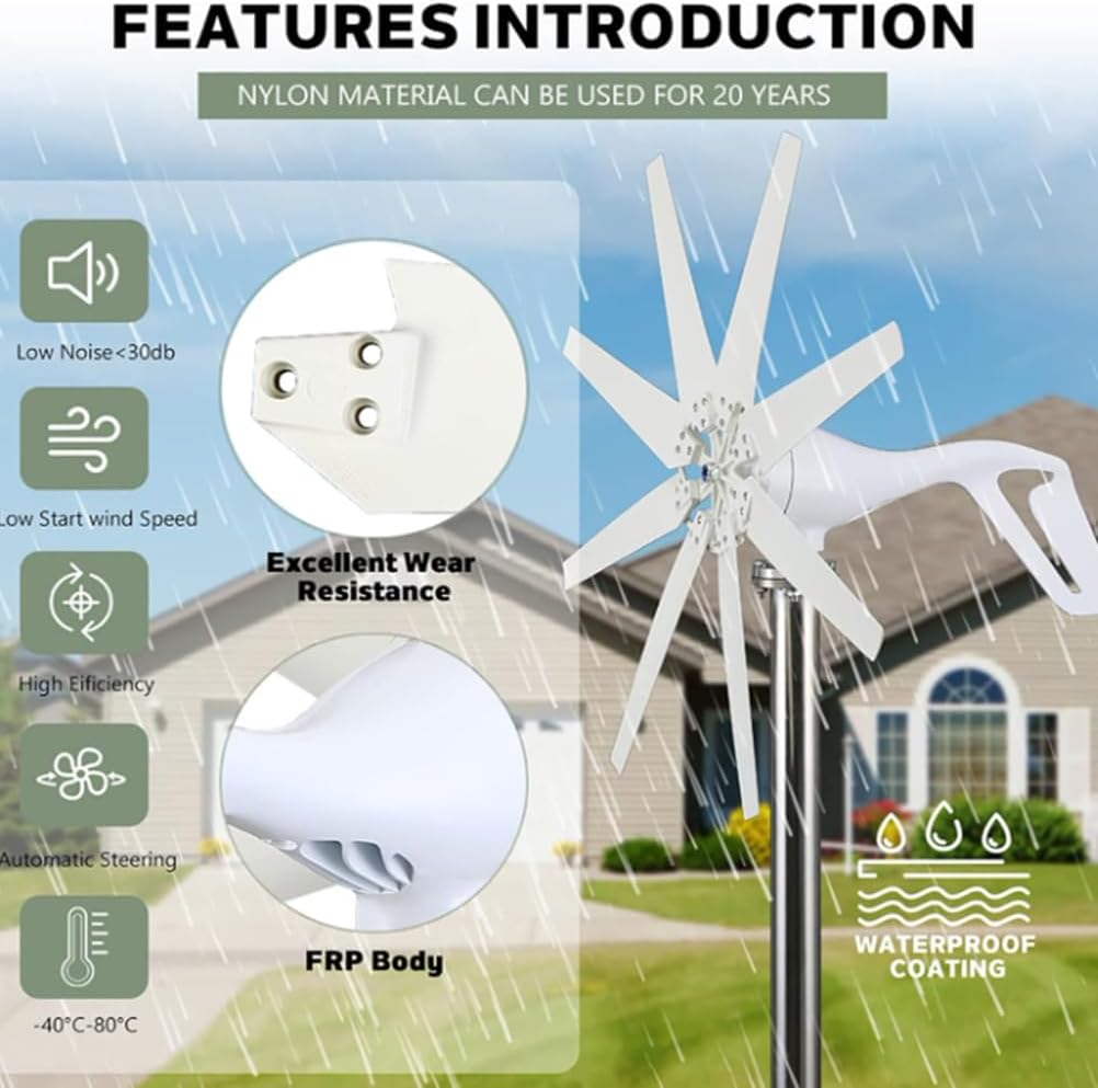 12V,HYZHANHONG 12V/24V/48V Horizontal Wind Turbine Generator 1000W Low Noise 8 Blades Wind Power Turbine Generator Kit 3-Phase AC Windmill with Controller