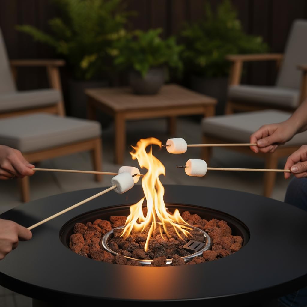 Outdoor Living 30-Inch Round Propane Fire Pit Table, 50000 BTU, Black Steel Construction, Hidden Tank Storage, Electronic Ignition, Includes Lava Rocks for Patio Garden