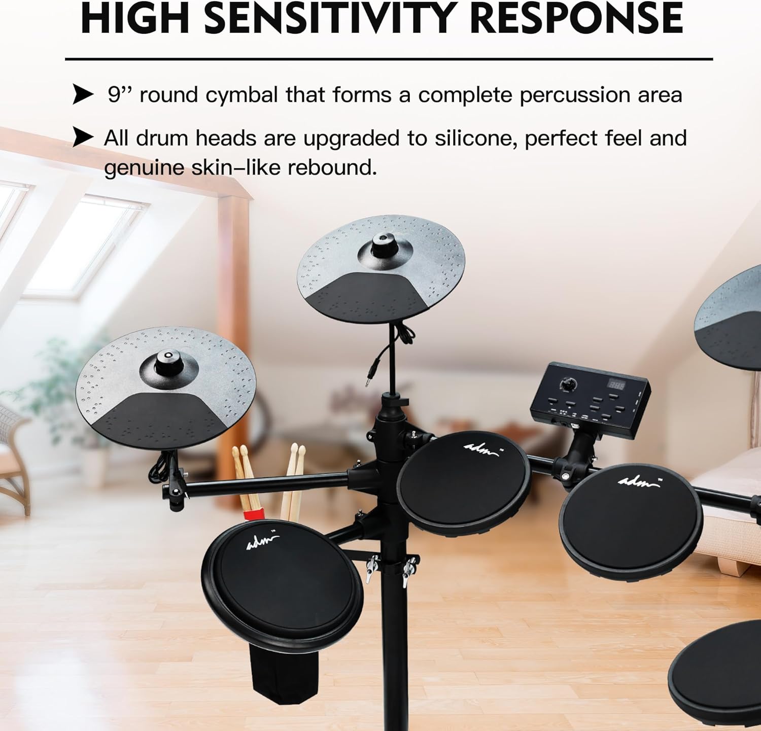 ADM Electronic Drum Set With 4 Quiet Electric Drum Mesh Pads, 180+ Sounds, Electric Drum Kit For Beginngers with 2 Switch Pedals, Throne, Headphones, DrumSticks, and Melodics Lessons