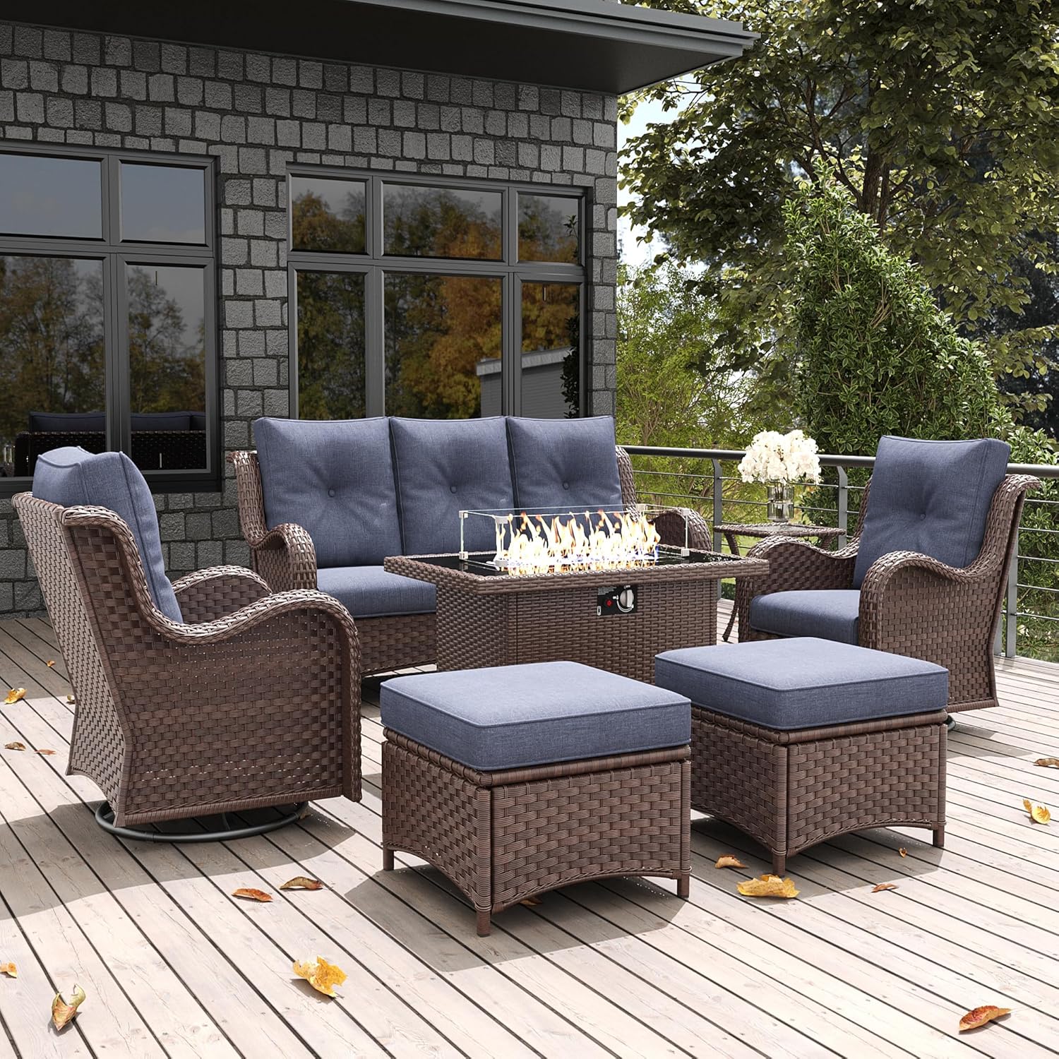 LayinSun 7 Pieces Outdoor Patio Furniture Set with Fire Pit Table, Rattan Wicker Sectional Swivel Rocker Chairs Sets with Ottomans, Swivel Glider Chairs and Coffee Table