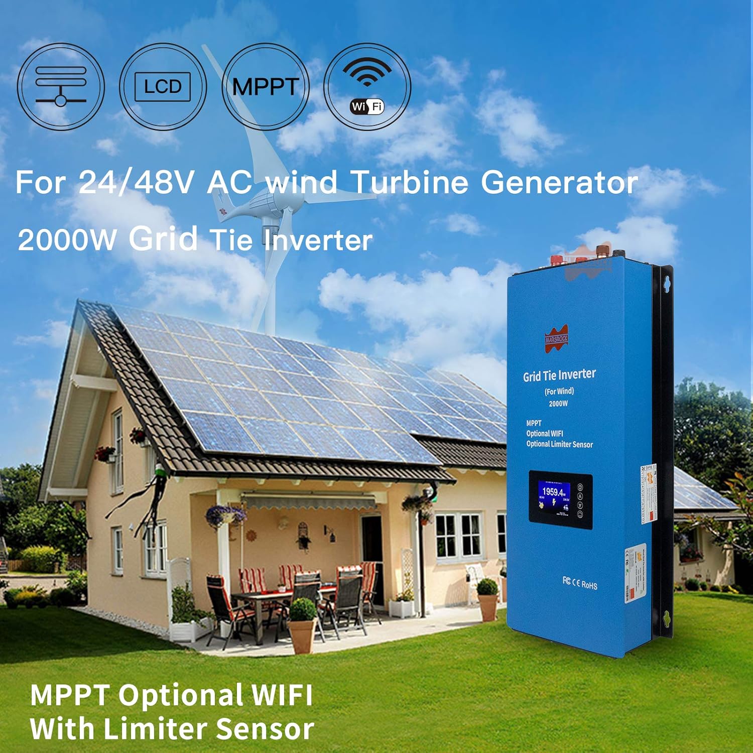 Mars Rock 2000W Wind Grid Tie Inverter with Limiter, Pure Sine Wave Inverter,Converts 45-90V DC Input to 240V AC Output,Perfectly Compatible with Home Wind Power Systems