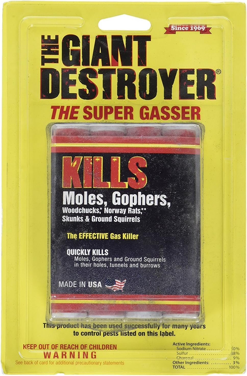 (GAS KILLER) (12/4PK TOTAL) 48 kills Moles, Gophers, Woodchucks, Norway Rats, Skunks, Ground Squirrels in their Holes, Tunnels, Burrows. NO dealing w/ dead pest, better than traps