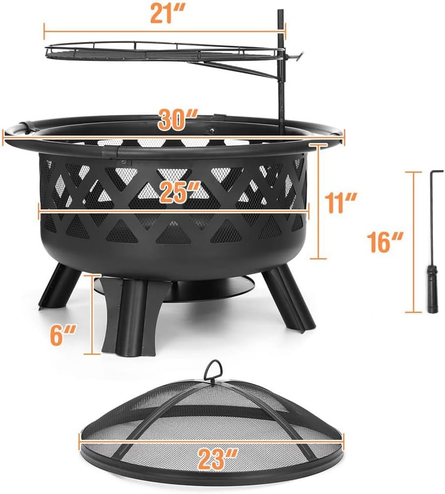 Grills 30 inch BBQ Grill Fire Pits Outdoor Wood Burning Fire Pit Stove Garden Patio Wood Log Barbecue Grill Net Set Cooking Tools