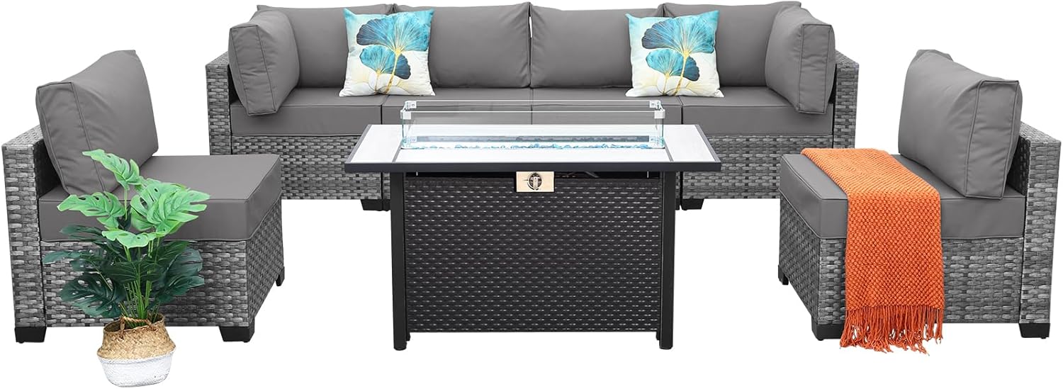 7 Pieces Wicker Patio Furniture Set, PE RattanOutdoor Sectional Conversation Sofa Set with Fire Pit Table, Non-Slip Cushions and Furniture Cover, Light Grey