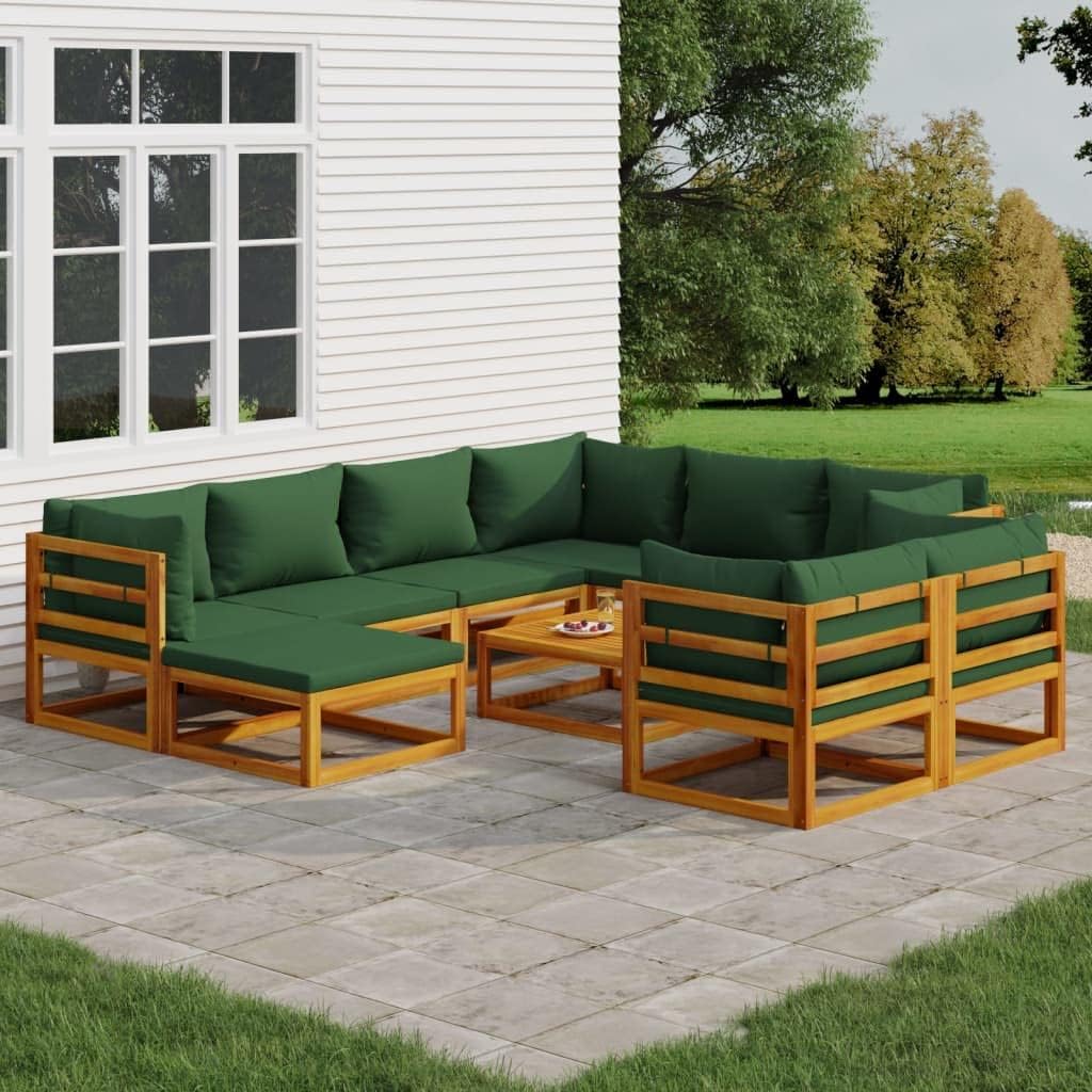 10 Piece Patio Lounge Set with Green Cushions Solid Wood,Acacia Wood Patio Lounge Set with Cushions, Comfortable Outdoor Sofa and Table Furniture Sets for Patio, Lawn & Garden