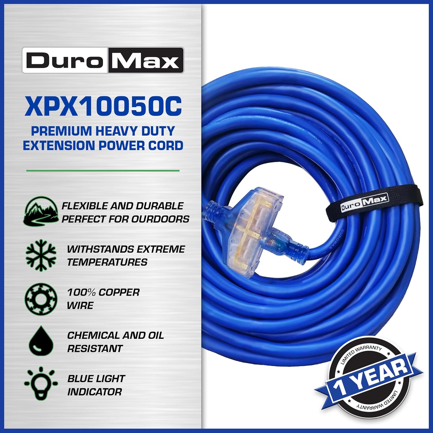 DuroMax XPX10050C Heavy Duty SJEOOW 50-Foot 10 Gauge Blue Triple Tap Lighted Extension Power Cord