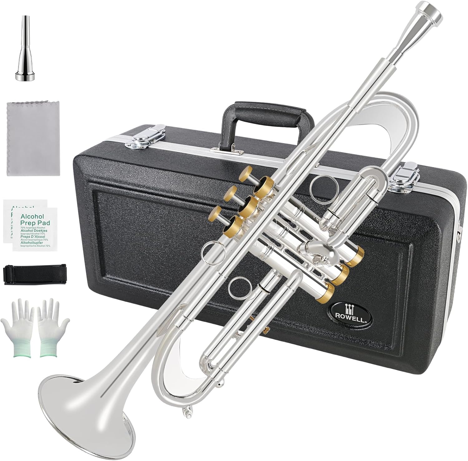 ROWELL Bb Trumpet Professional Trumpet for Student Brass Instruments Standard Trumpets Set with Professional Trumpets Box, Cleaning Kit,Original 7C trumpet Mouthpiece, Cloth and Gloves (Silver)