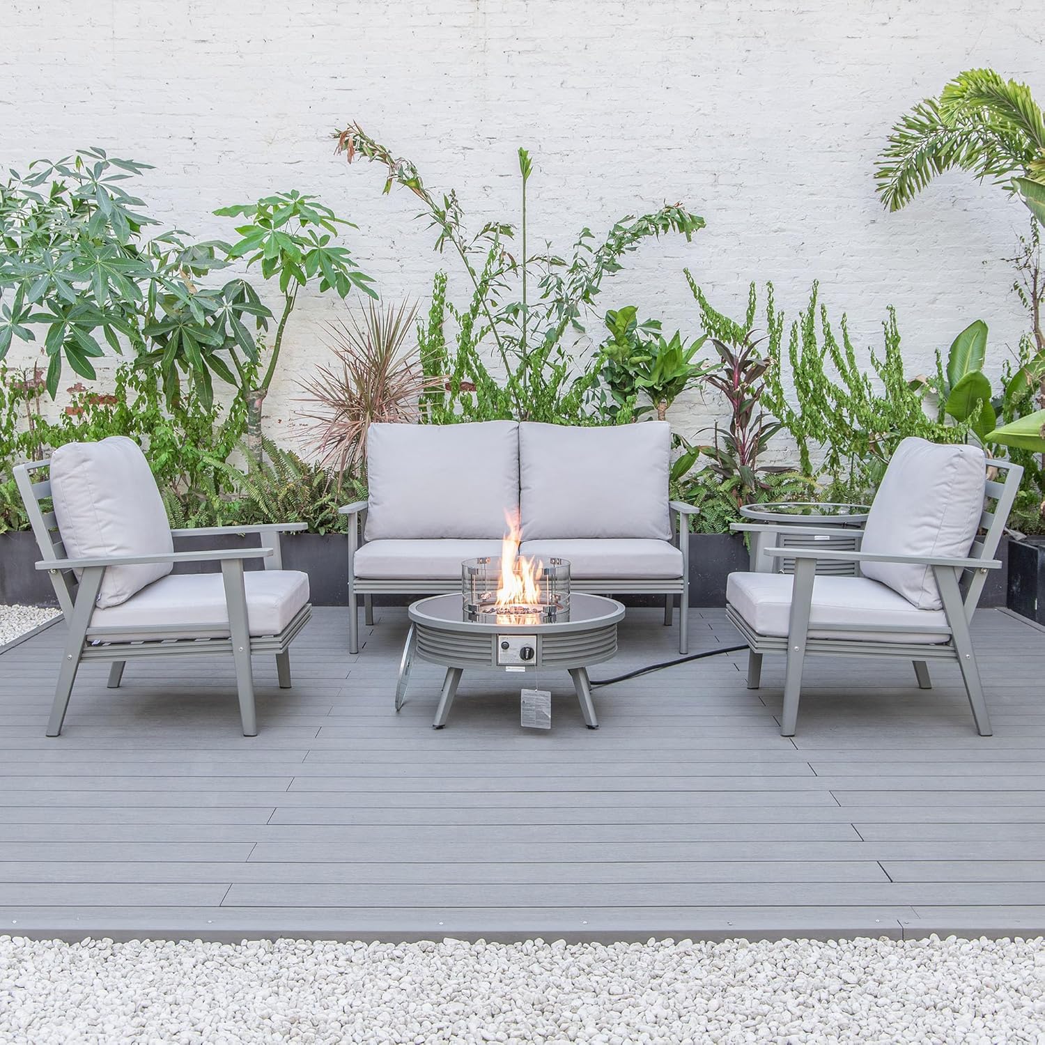 LeisureMod Walbrooke Modern Aluminum 5-Piece Patio Conversation Set with Outdoor Round Fire Pit Slats Design & Side Table Tank Holder, Light Grey