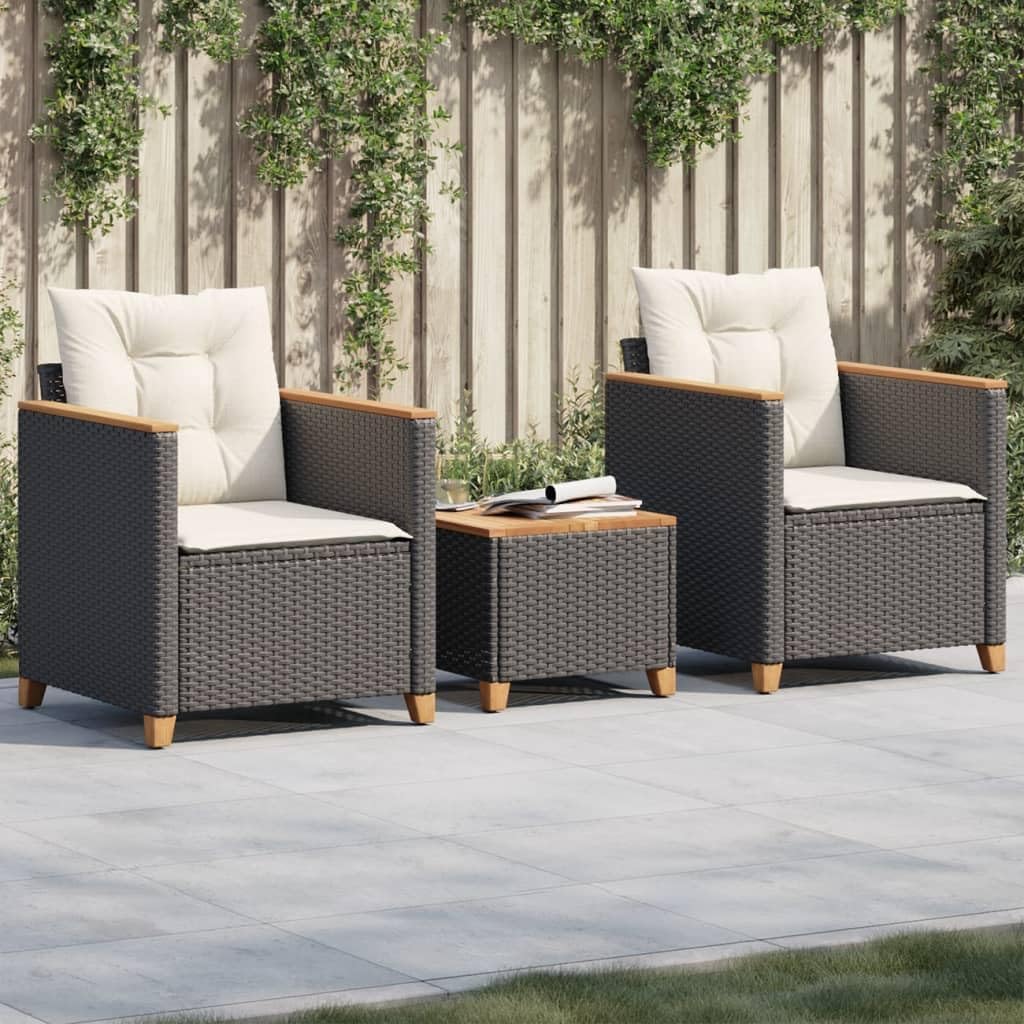 3 Piece Bistro Set with Cushions Black Poly Rattan Acacia Wood,Bistro Set Outdoor Furniture with Comfortable Cushions for Patio, Garden and Balcony Patio Furniture Sets