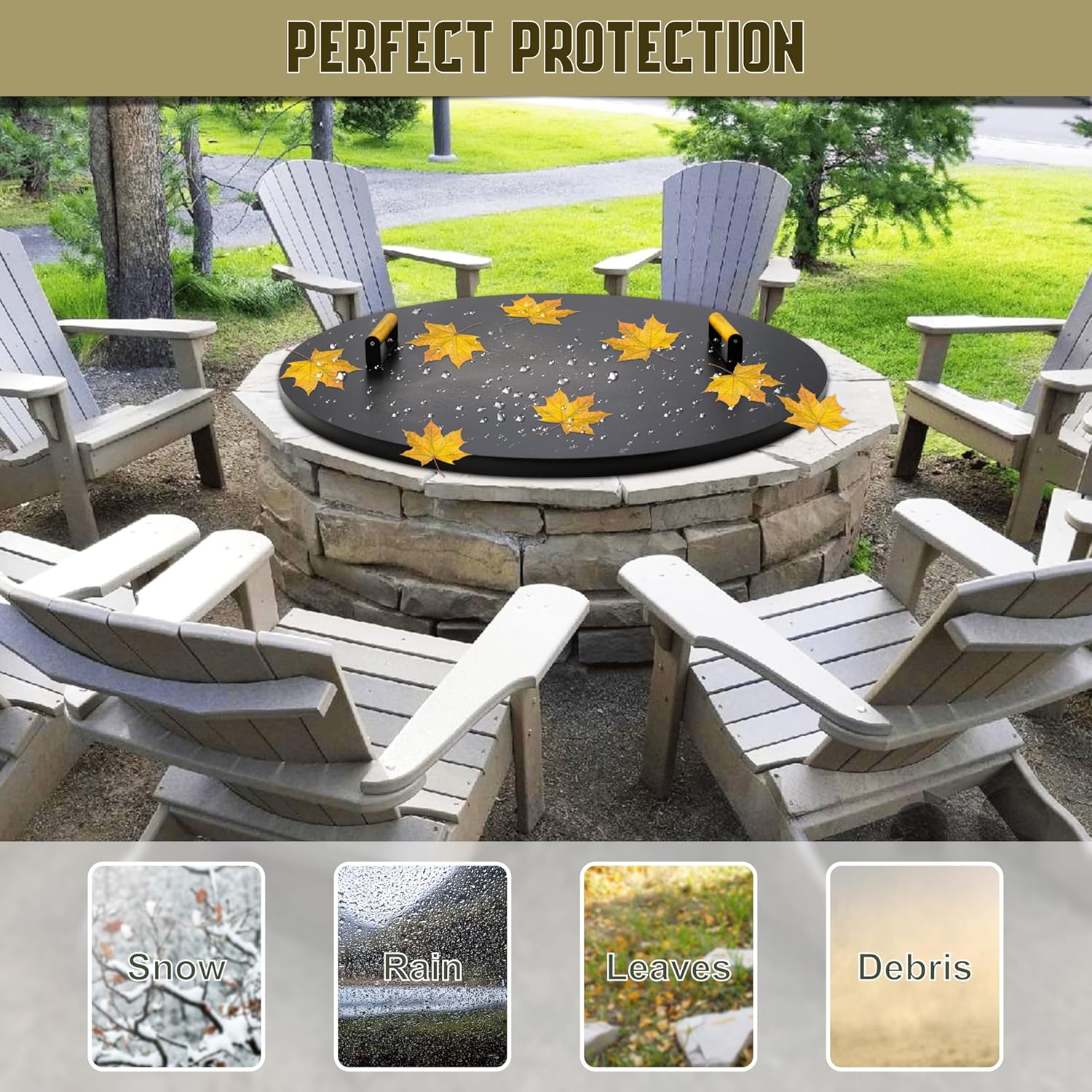 Simond Store Fire Pit Cover Round, Snuffer Lid Ring Steel 36” inch Diameter, Drop-in Burner Fire Pit Pan Lid- 2 mm Thickness, Grill Fire Ring Lid with Handle