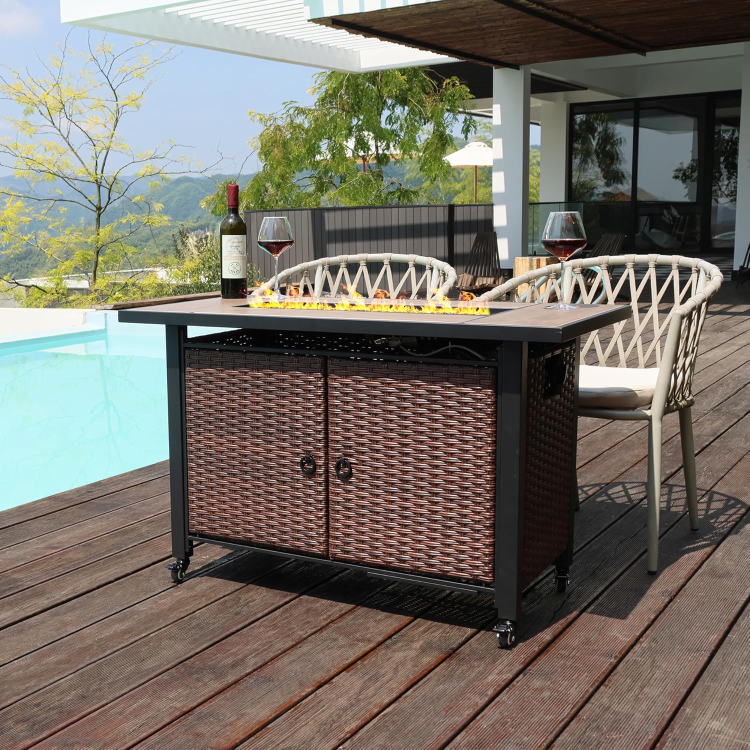 43 Inch Outdoor Fire Table with Ceramic Tile Tabletop Propane Fire Pit Table 60,000 BTU Gas FirePit CSA Certified Wicker Rattan Fire Table with Lid Glass Rock Wheels Waterproof Cover Gloves