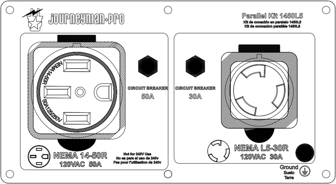 Journeyman-Pro RV 50 Amp Inverter Generator Parallel Kit, 125 VAC NEMA 14-50/L5-30/TT-30 Female -Portable Power Cord Electrical Plug Converter/Adapter Connection Kit 30A RV Ready (50/30 AMP)