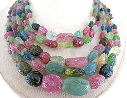 5 Line Natural Certified Multi Tourmaline Carved Long Beads Necklace 19 INCH 18.5MM to 8.5MM