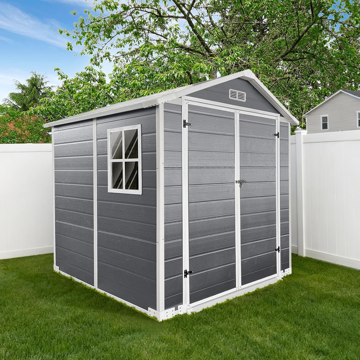 6x6 FT Storage Shed,Plastic Outdoor Storage Shed with Floor and Lockable Door,Waterproof Garden Shed W/Windows & Vents,Sloped Roof,Tool House for Storing Bicycles,Lawnmowers,Gray